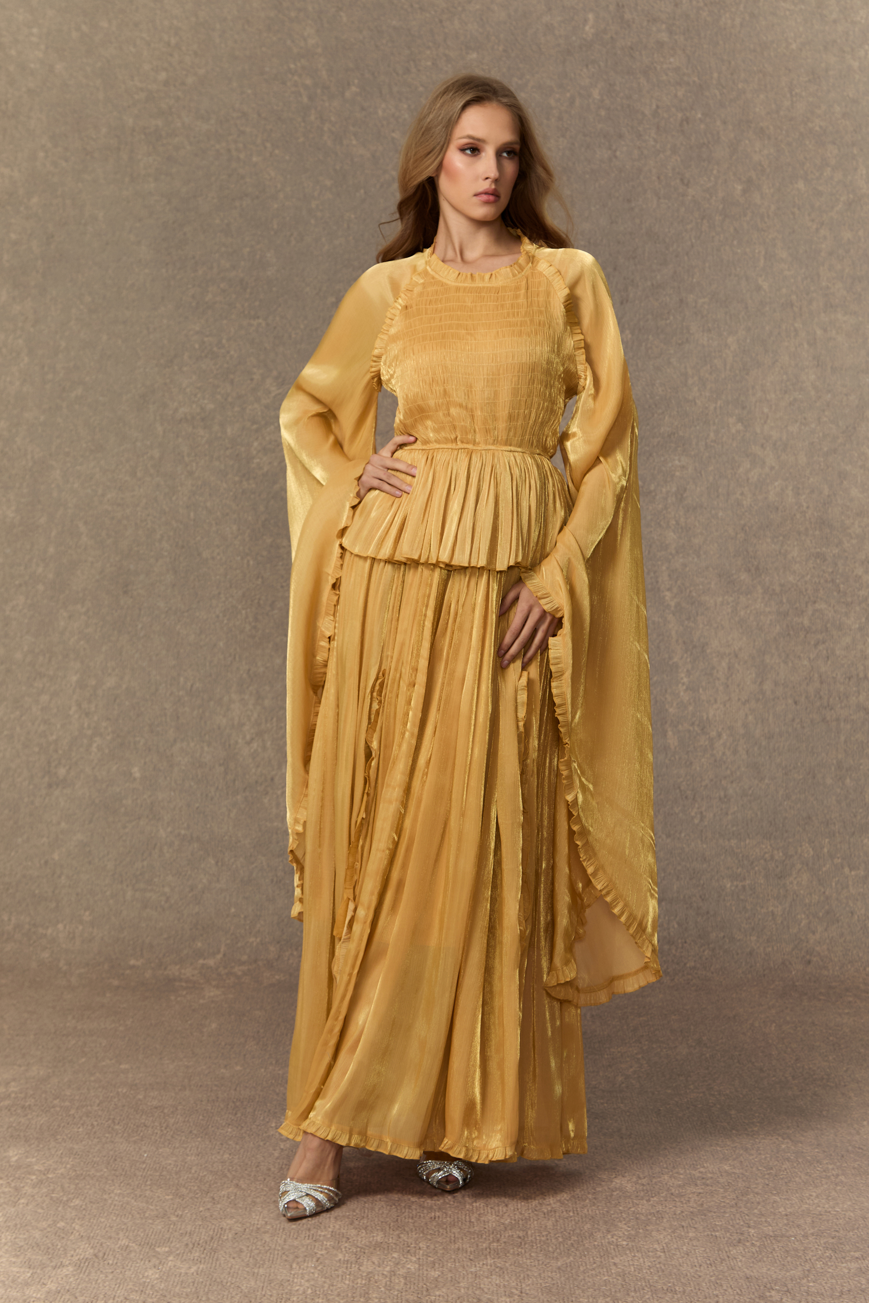 All Eyes On Me Khaki Ruffle Trim Long Sleeve Maxi Dress-purelyfable