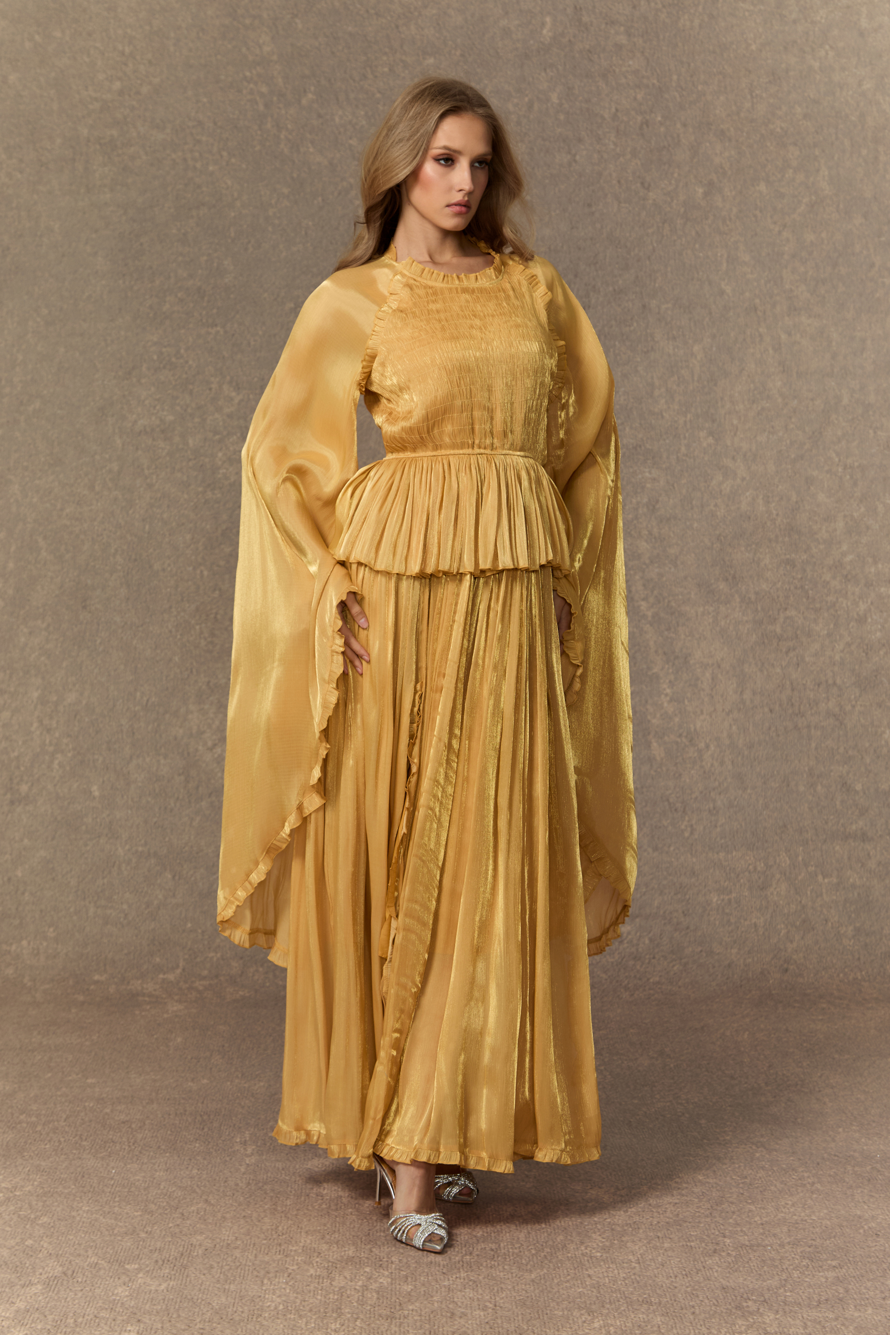 All Eyes On Me Khaki Ruffle Trim Long Sleeve Maxi Dress-purelyfable