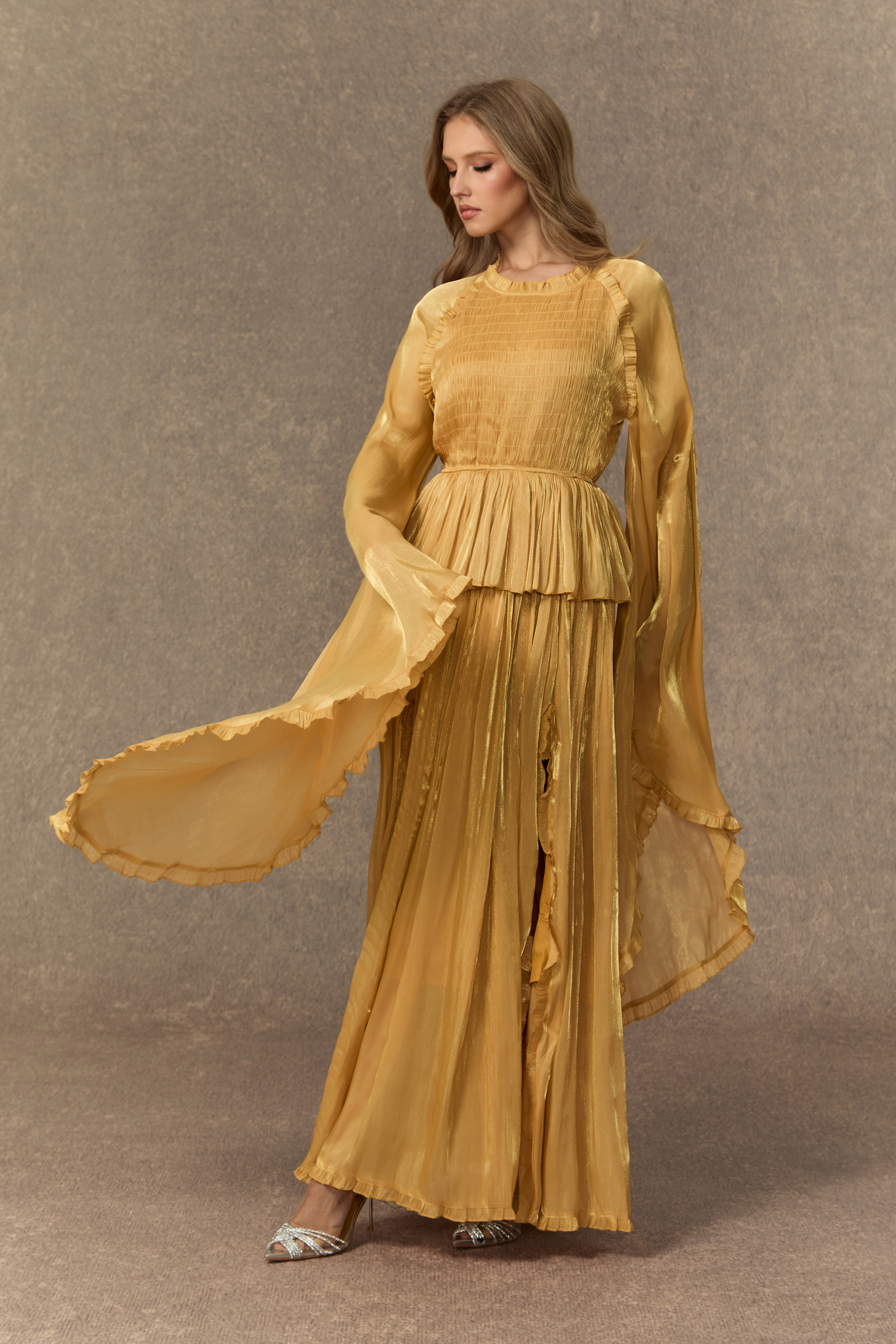 All Eyes On Me Khaki Ruffle Trim Long Sleeve Maxi Dress-purelyfable