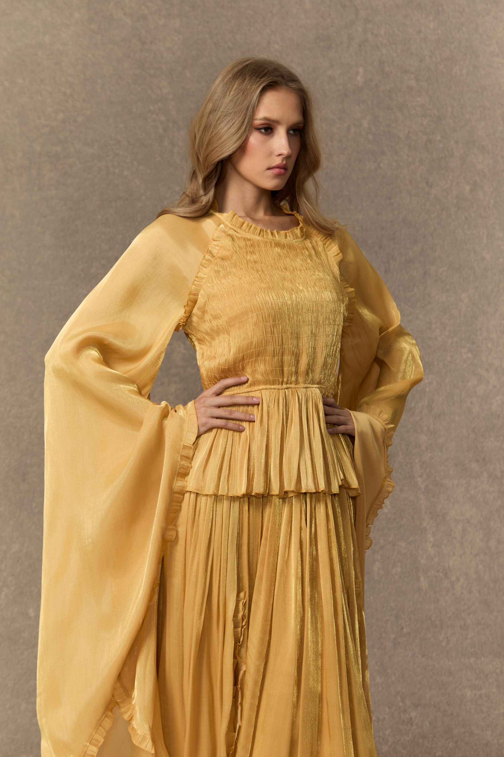 All Eyes On Me Khaki Ruffle Trim Long Sleeve Maxi Dress-purelyfable