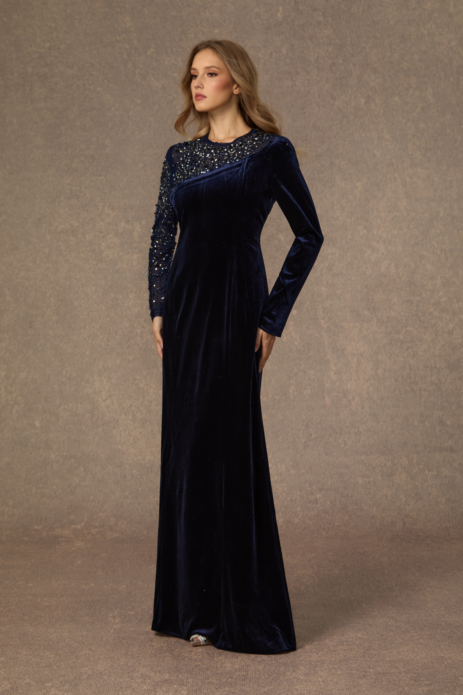 Coveted Confidence Dark Blue Crystal Embellished Velvet Maxi Dress-purelyfable