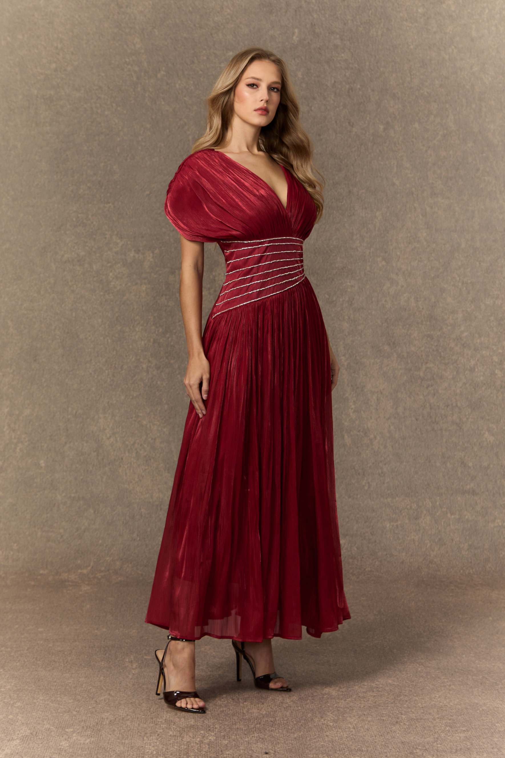 Captivating Presence Burgundy V-neck Embellished Maxi Dress-purelyfable