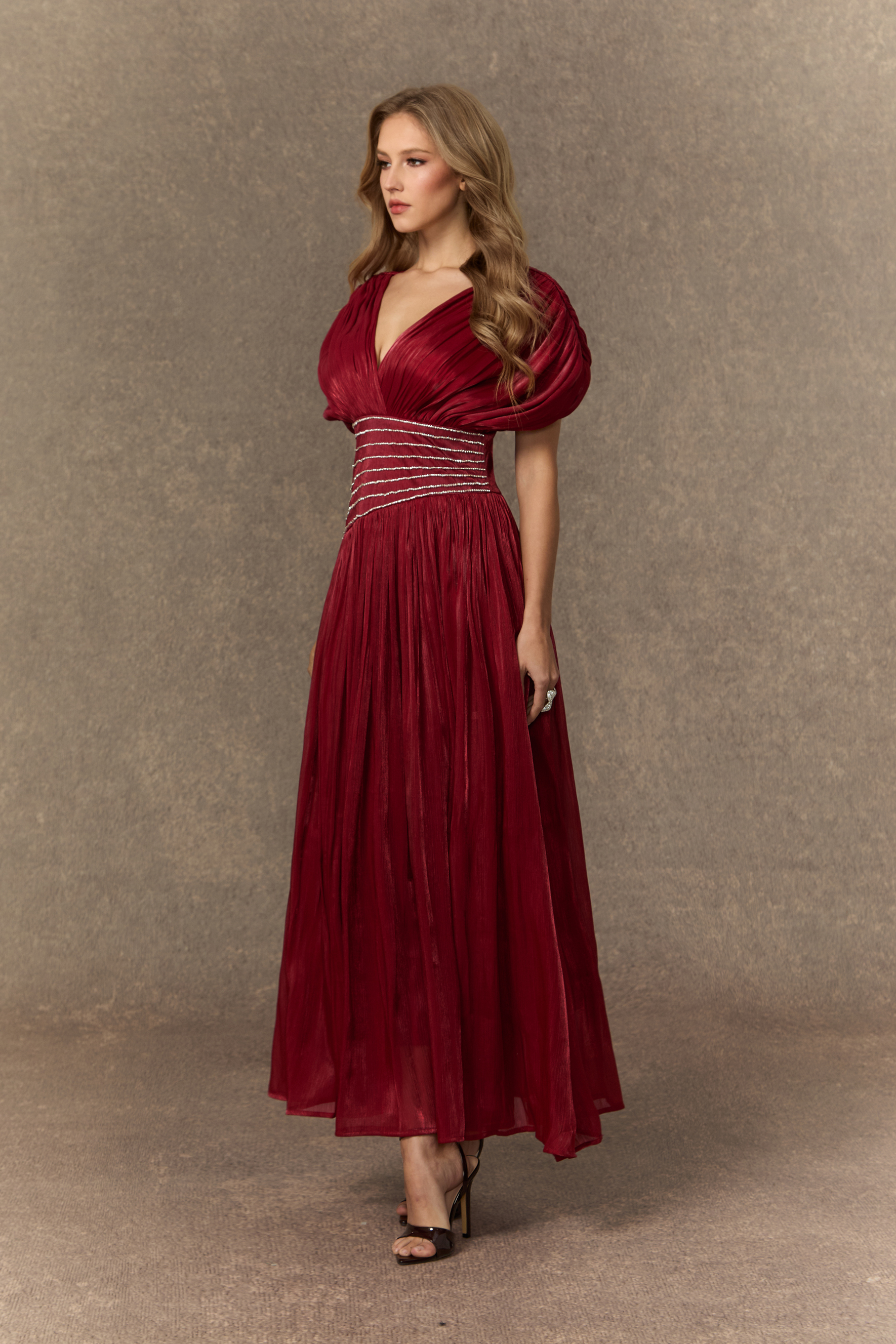 Captivating Presence Burgundy V-neck Embellished Maxi Dress-purelyfable