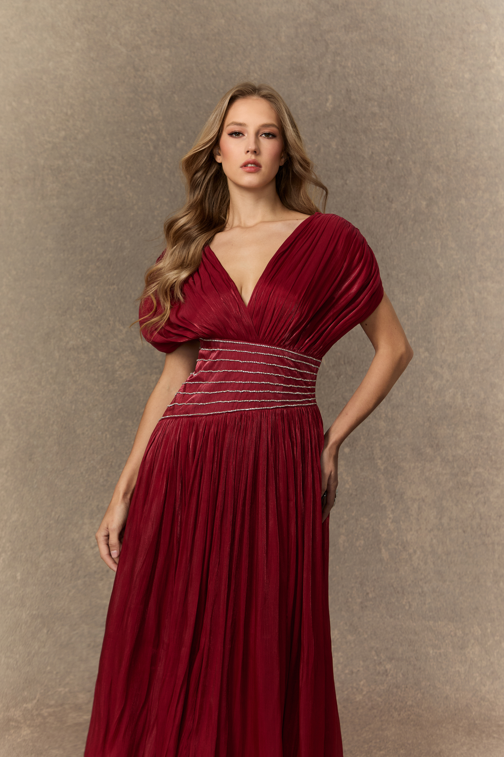Captivating Presence Burgundy V-neck Embellished Maxi Dress-purelyfable