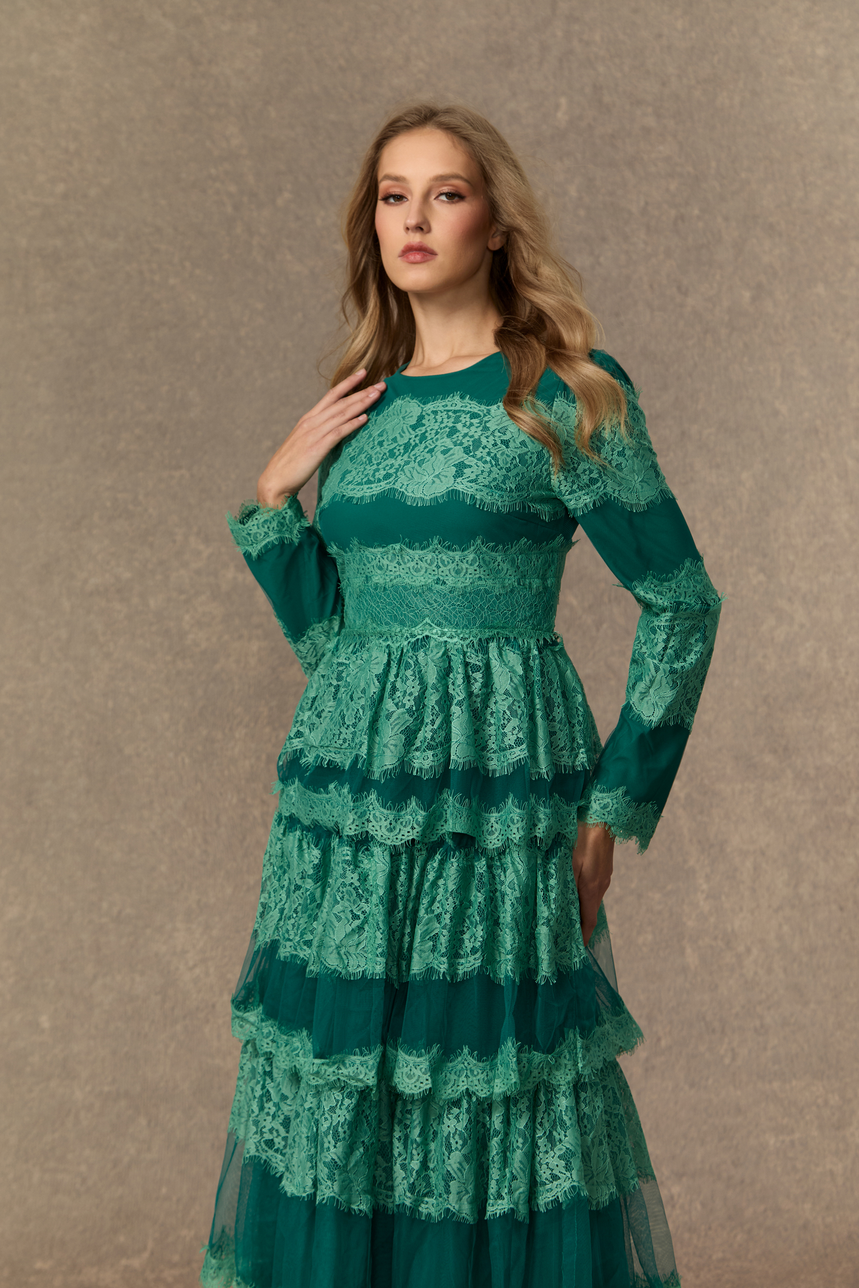 Flawlessly Gorgeous Green Tiered Lace Maxi Dress-purelyfable