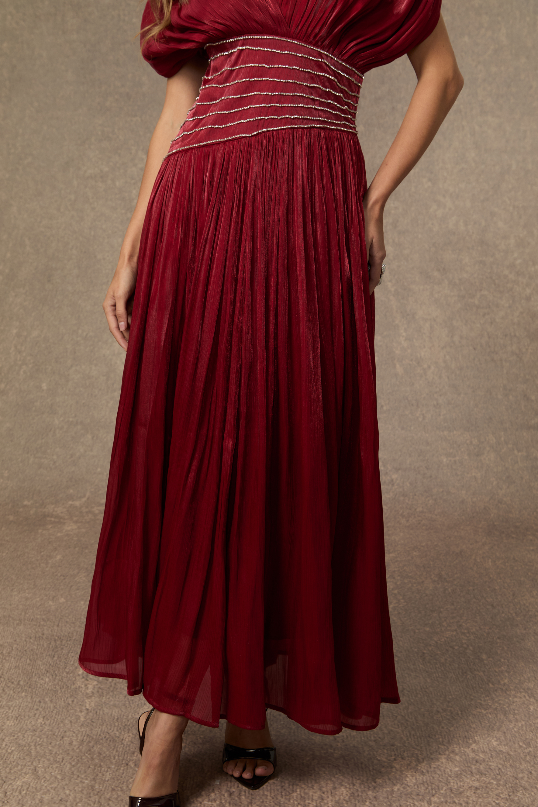 Captivating Presence Burgundy V-neck Embellished Maxi Dress-purelyfable