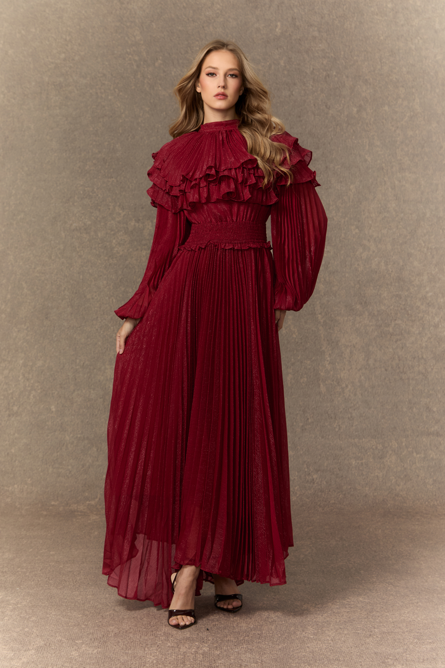 Flirtation Hour Bugundy Layered Ruffle Pleated Maxi Dress-purelyfable