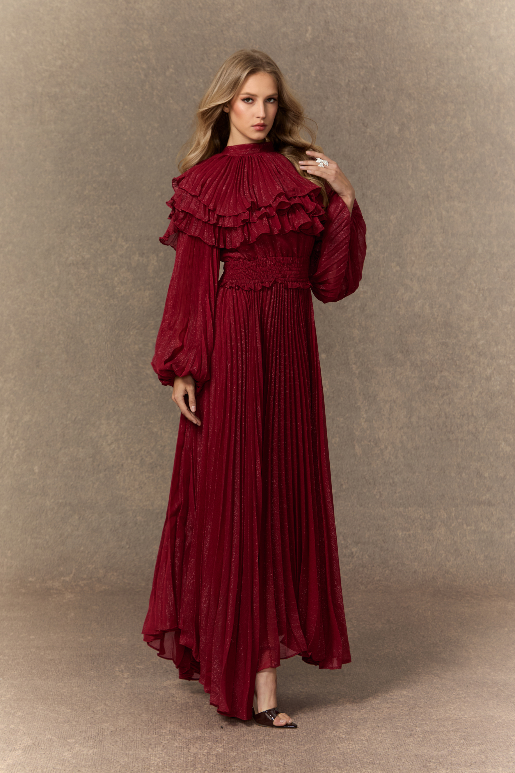 Flirtation Hour Bugundy Layered Ruffle Pleated Maxi Dress-purelyfable