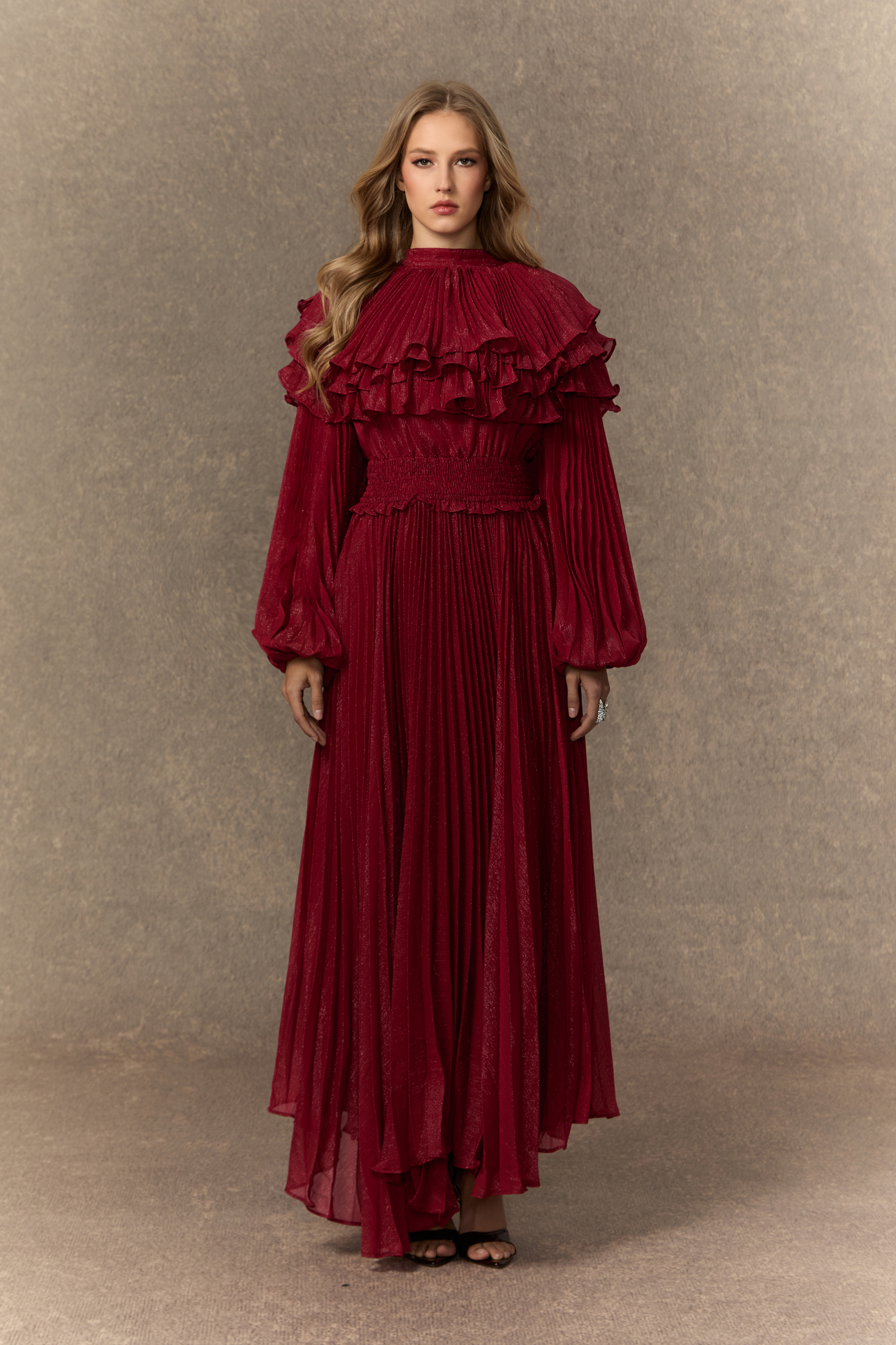 Flirtation Hour Bugundy Layered Ruffle Pleated Maxi Dress-purelyfable