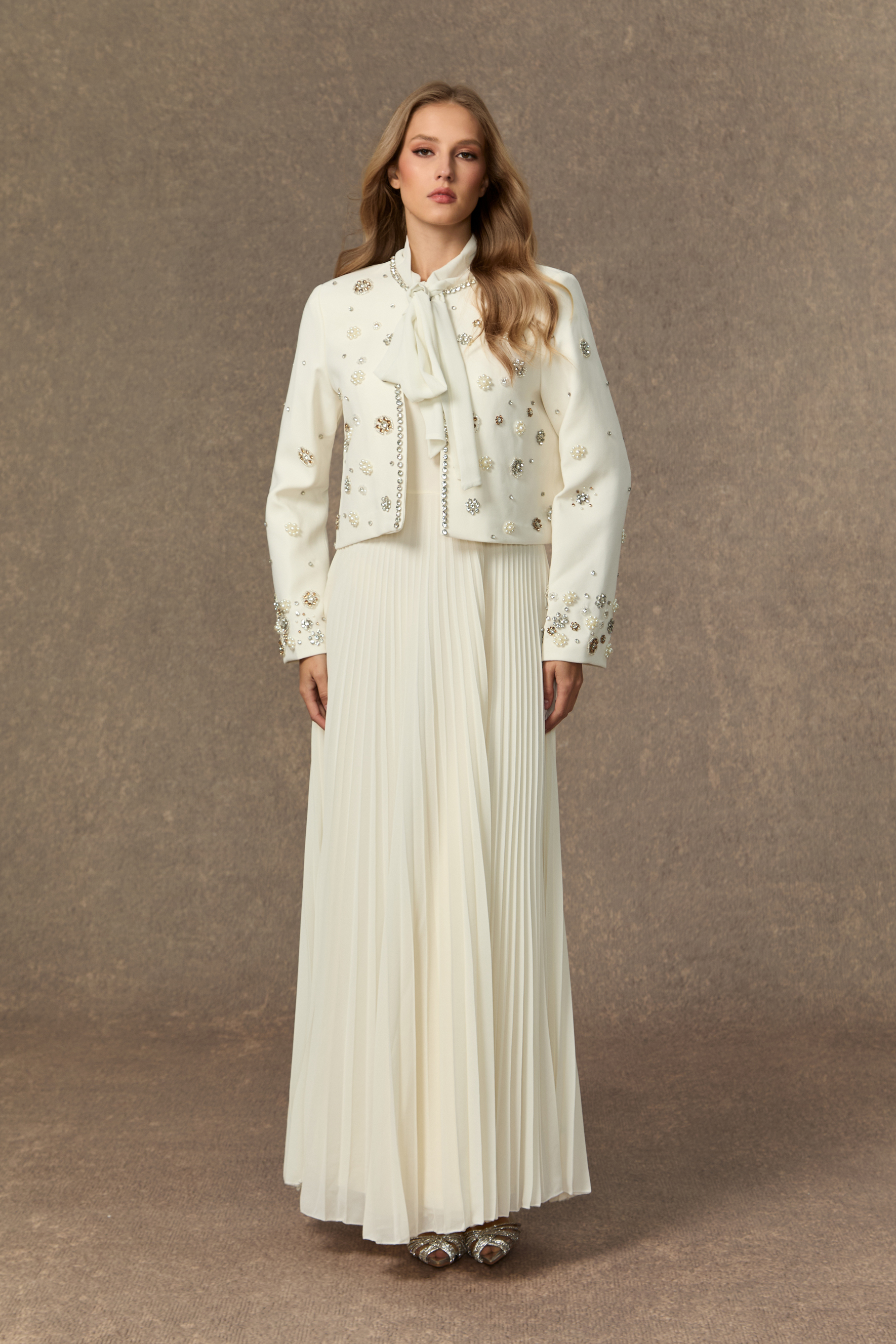 Lavish Looks White Embellished Jacket & Bow Tie Pleated Dress Set-purelyfable