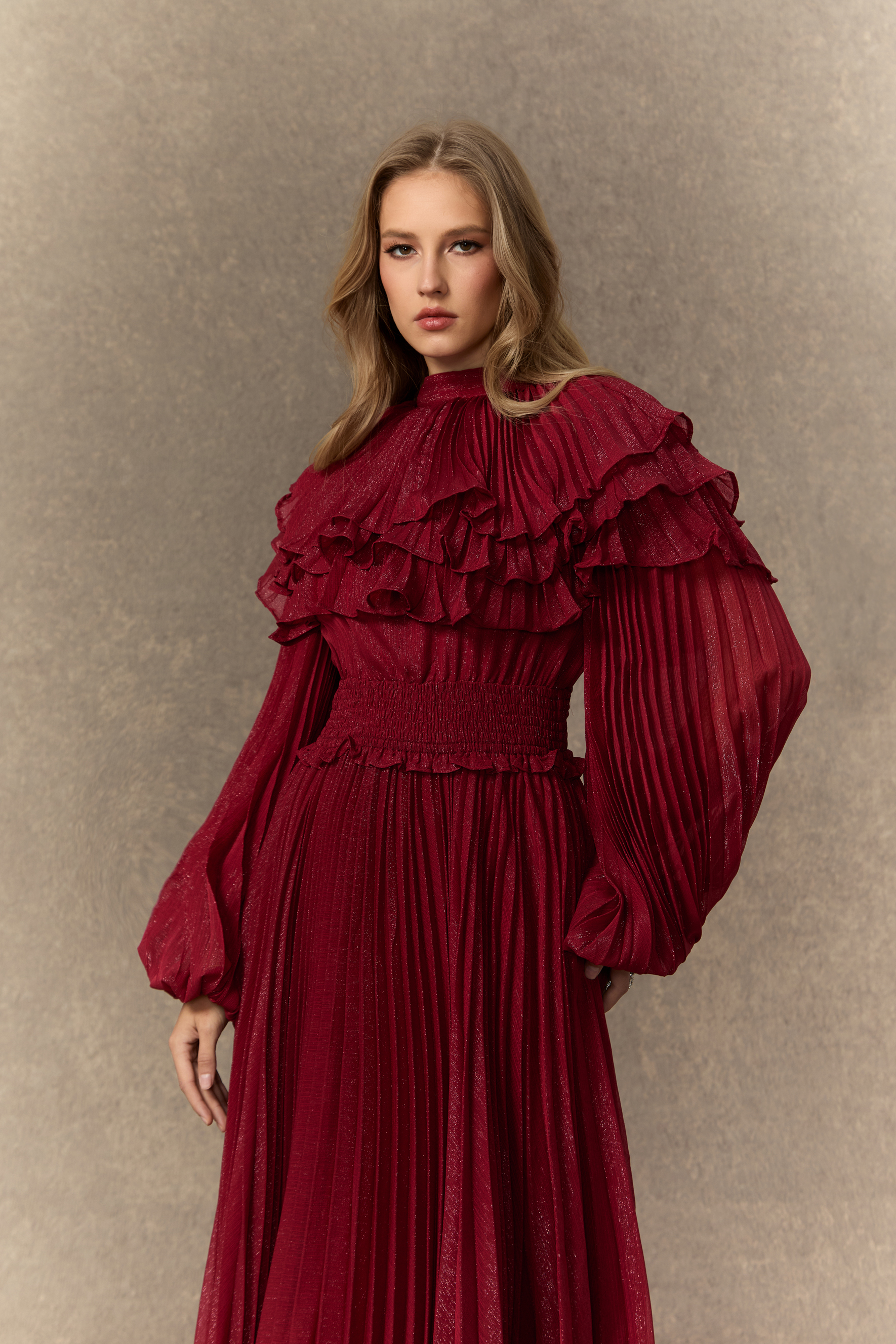 Flirtation Hour Bugundy Layered Ruffle Pleated Maxi Dress-purelyfable