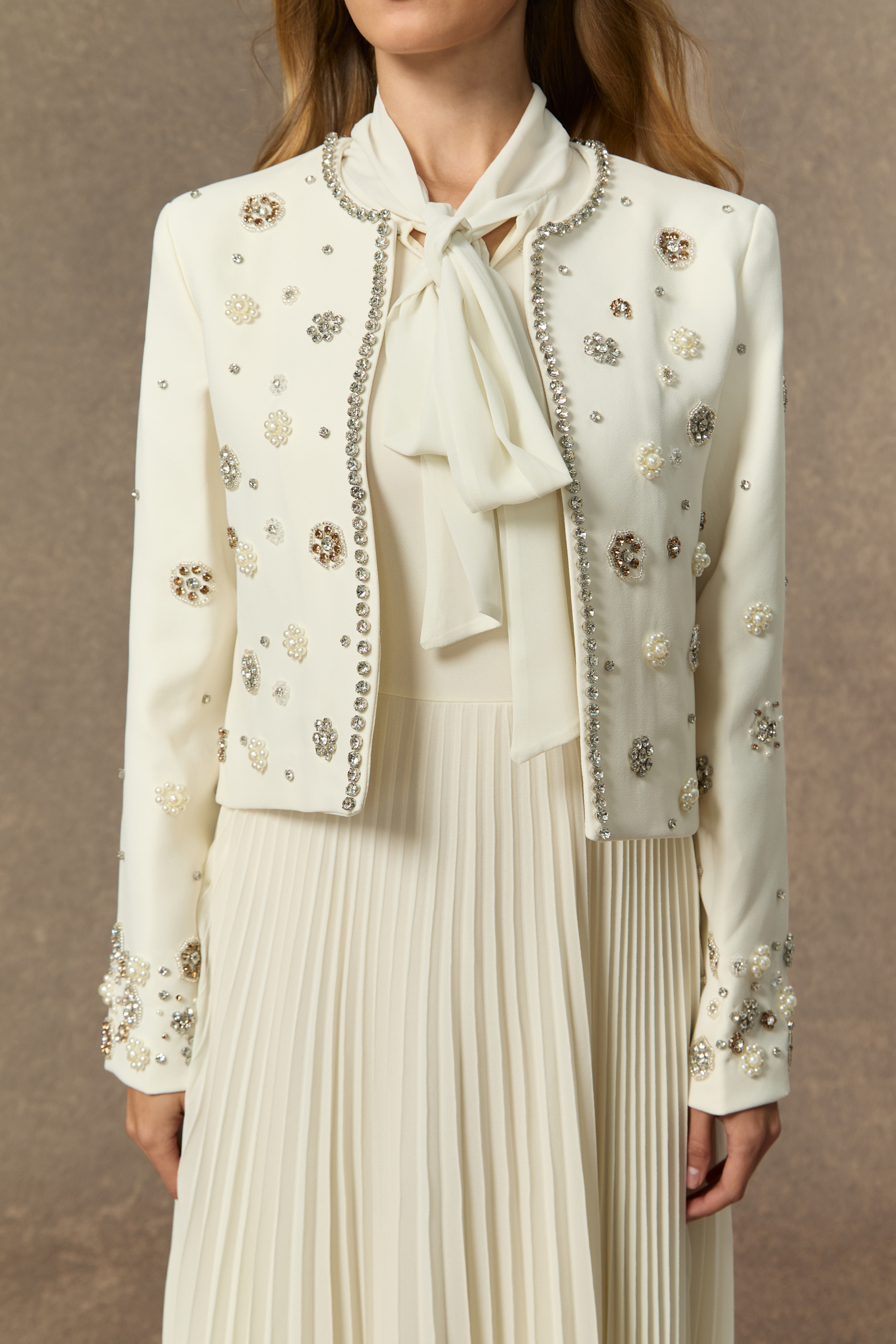 Lavish Looks White Embellished Jacket & Bow Tie Pleated Dress Set-purelyfable