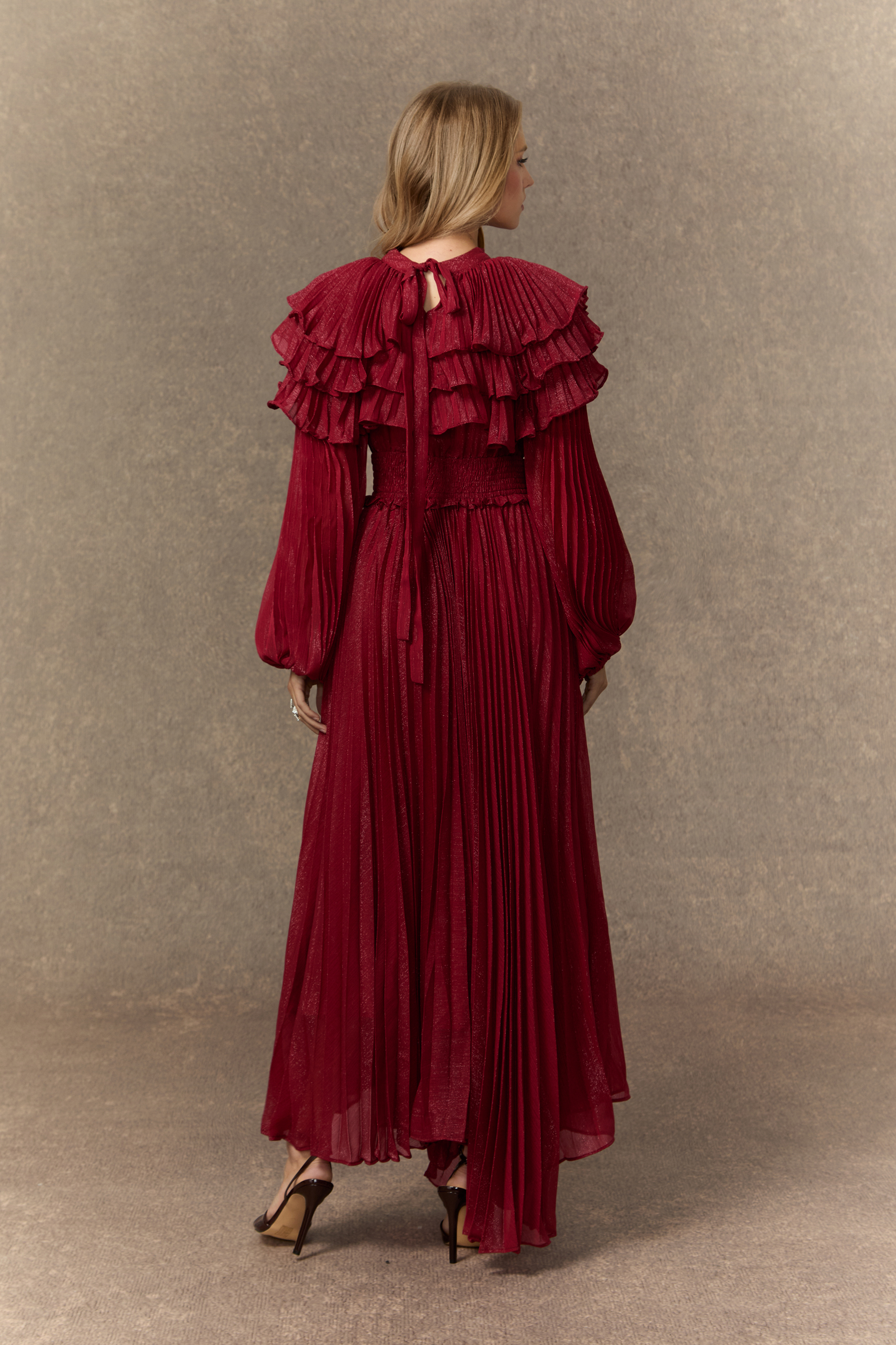 Flirtation Hour Bugundy Layered Ruffle Pleated Maxi Dress-purelyfable
