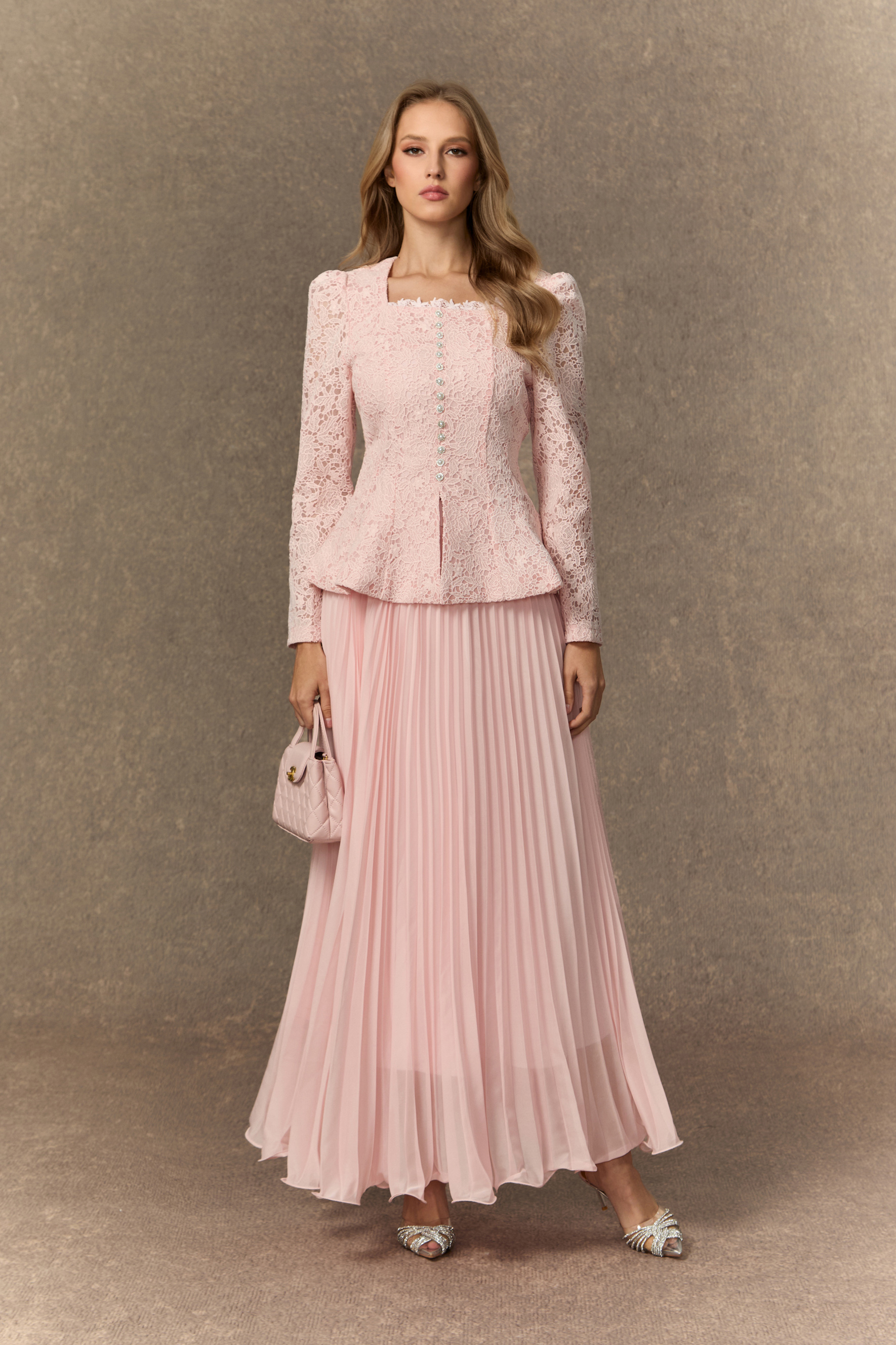 Glamorous Choice Pink Embroidered Lace Jacket & Pleated Skirt Set-purelyfable