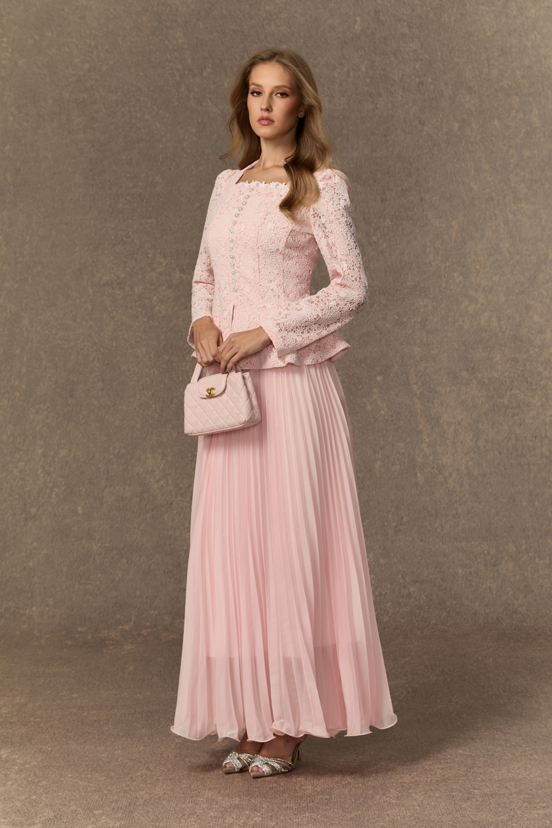 Glamorous Choice Pink Embroidered Lace Jacket & Pleated Skirt Set-purelyfable