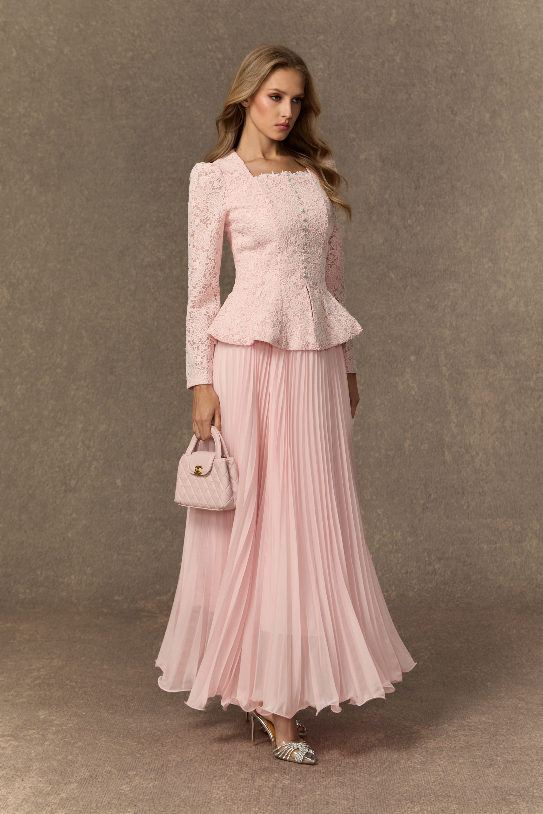 Glamorous Choice Pink Embroidered Lace Jacket & Pleated Skirt Set-purelyfable