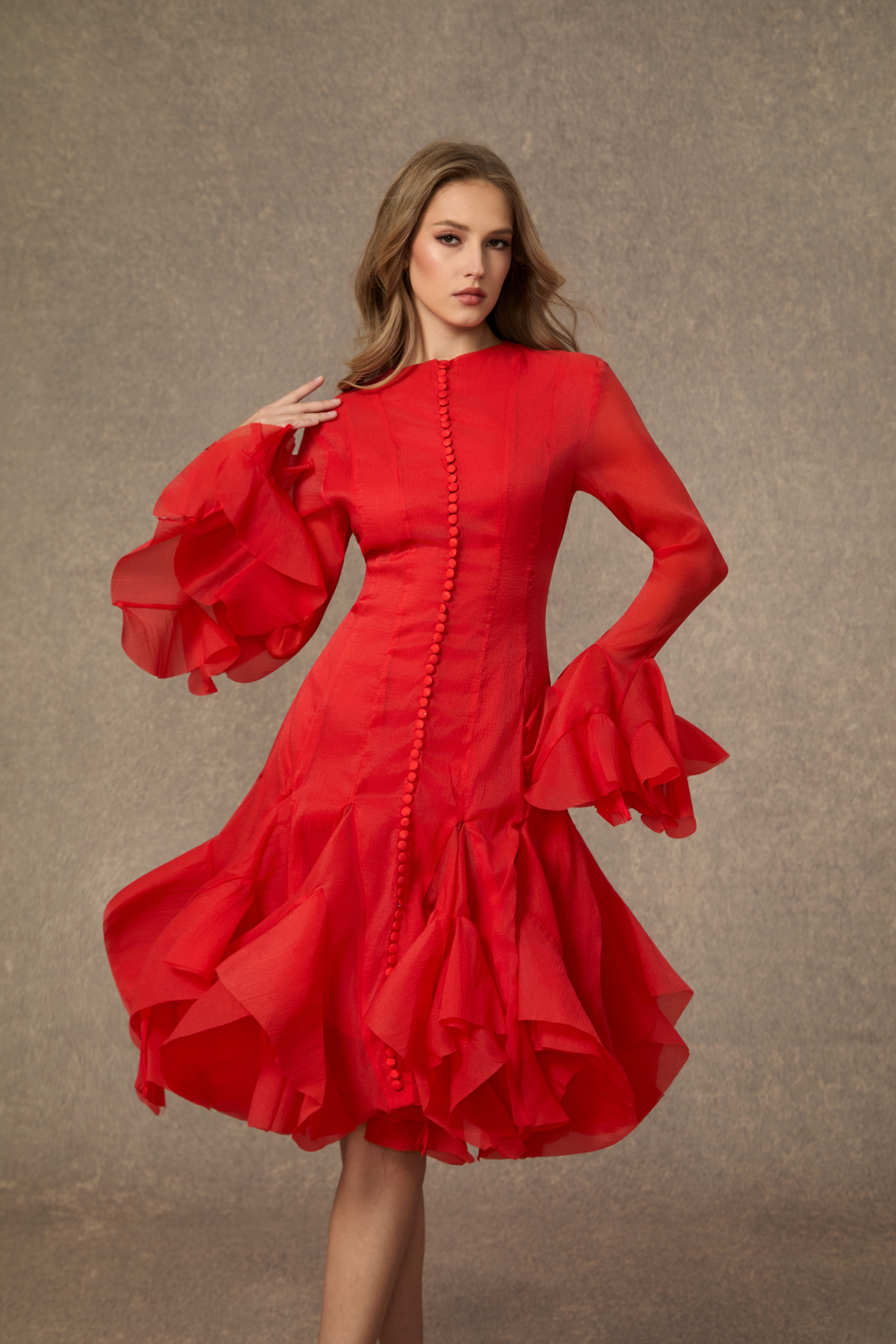 Little Fire Red Layered Ruffle Midi Dress-purelyfable