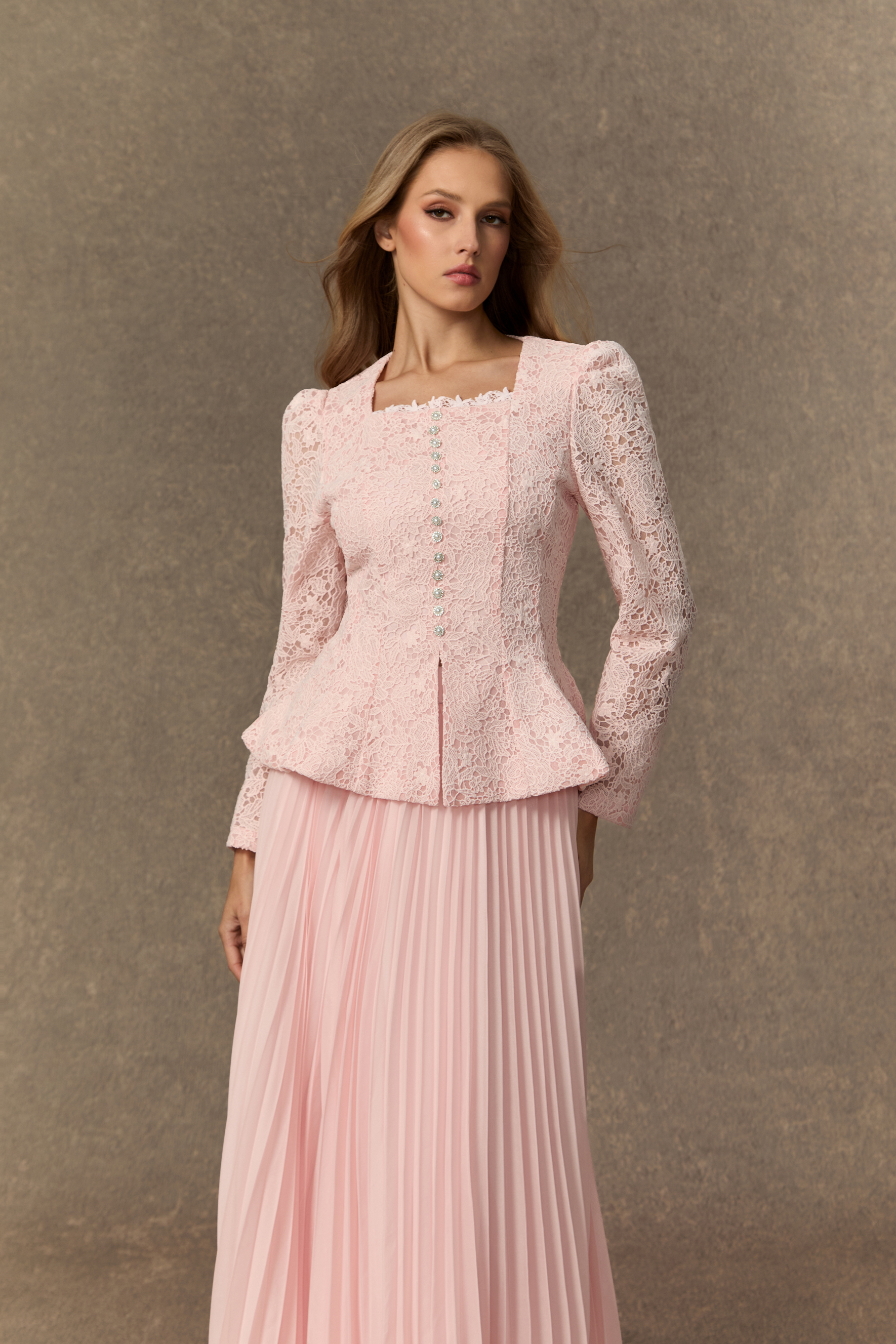 Glamorous Choice Pink Embroidered Lace Jacket & Pleated Skirt Set-purelyfable