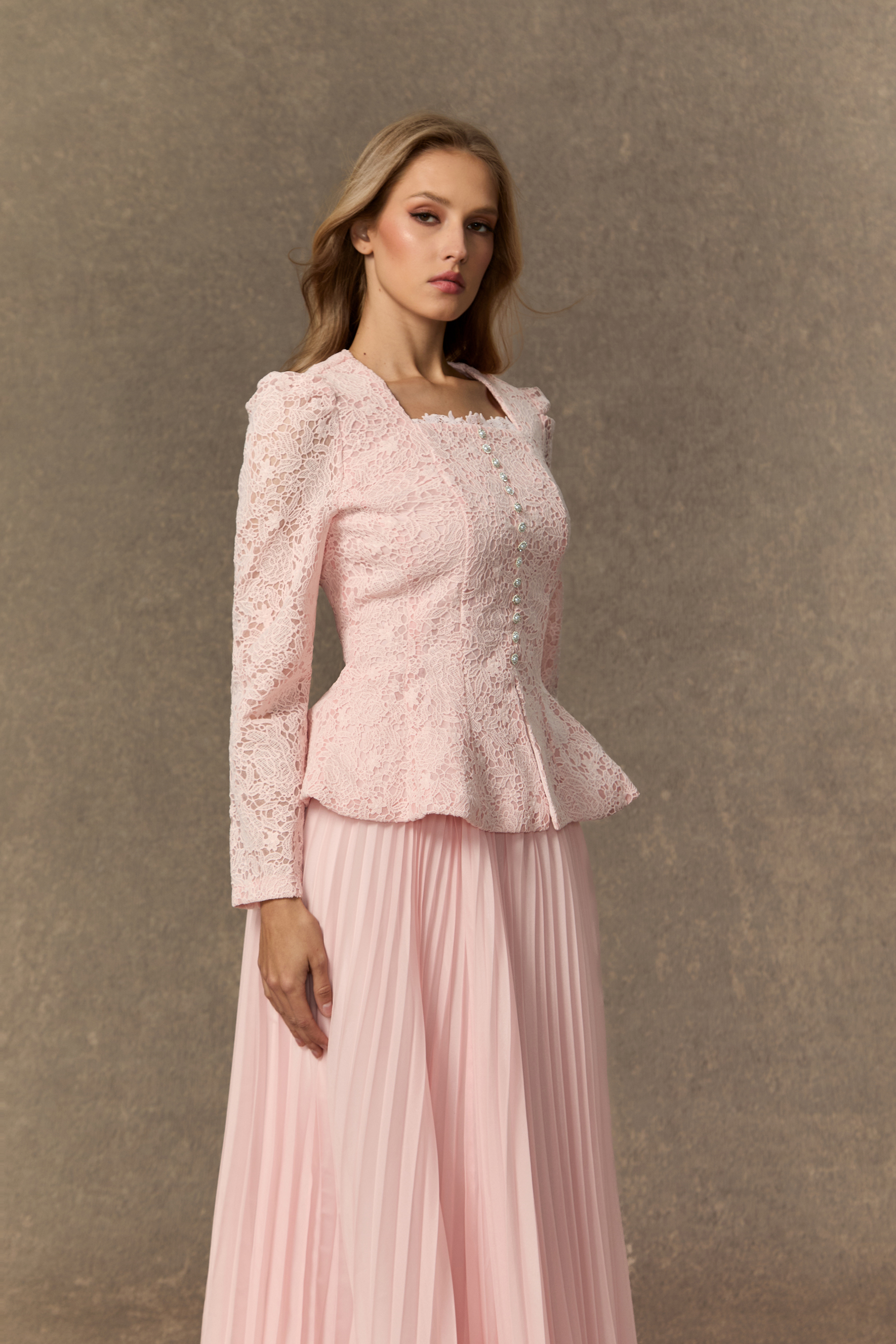 Glamorous Choice Pink Embroidered Lace Jacket & Pleated Skirt Set-purelyfable