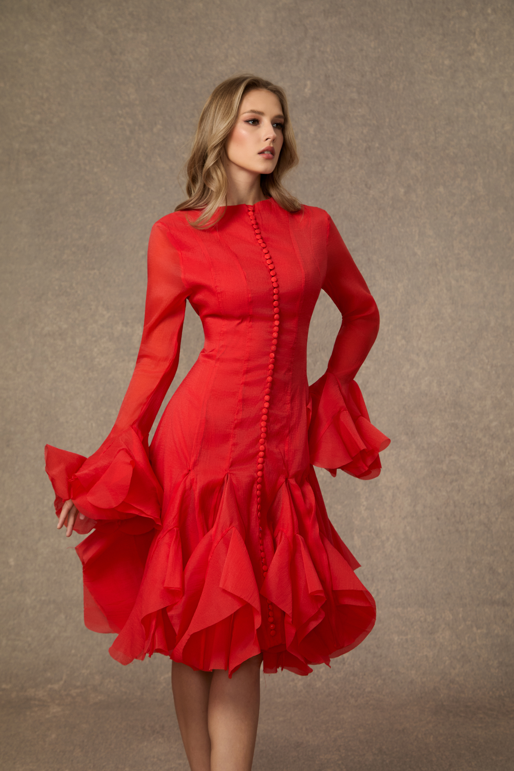 Little Fire Red Layered Ruffle Midi Dress-purelyfable