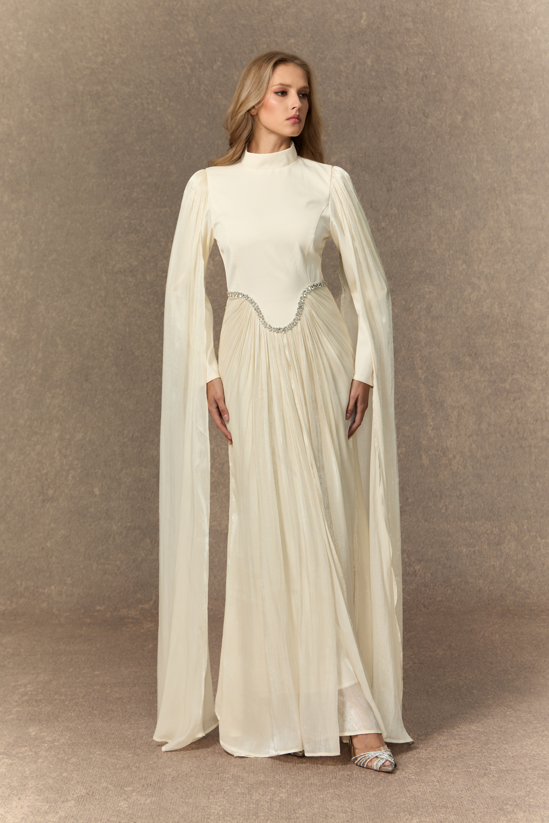 Feeling Of Forever White Crystal Embellished Cape Sleeve Maxi Dress-purelyfable