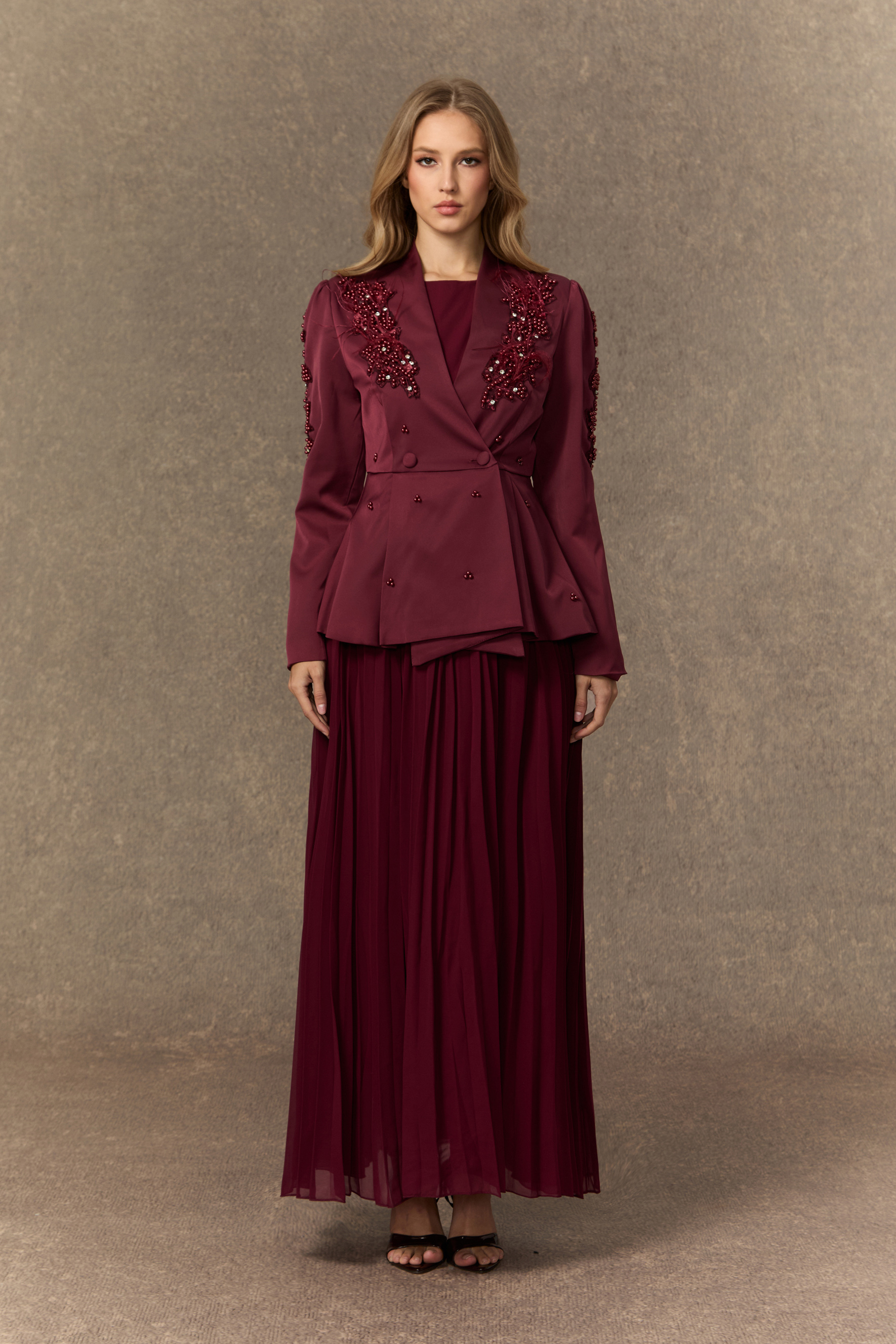 Crushing On You Beaded Double Breasted Jacket & Pleated Dress Set-purelyfable