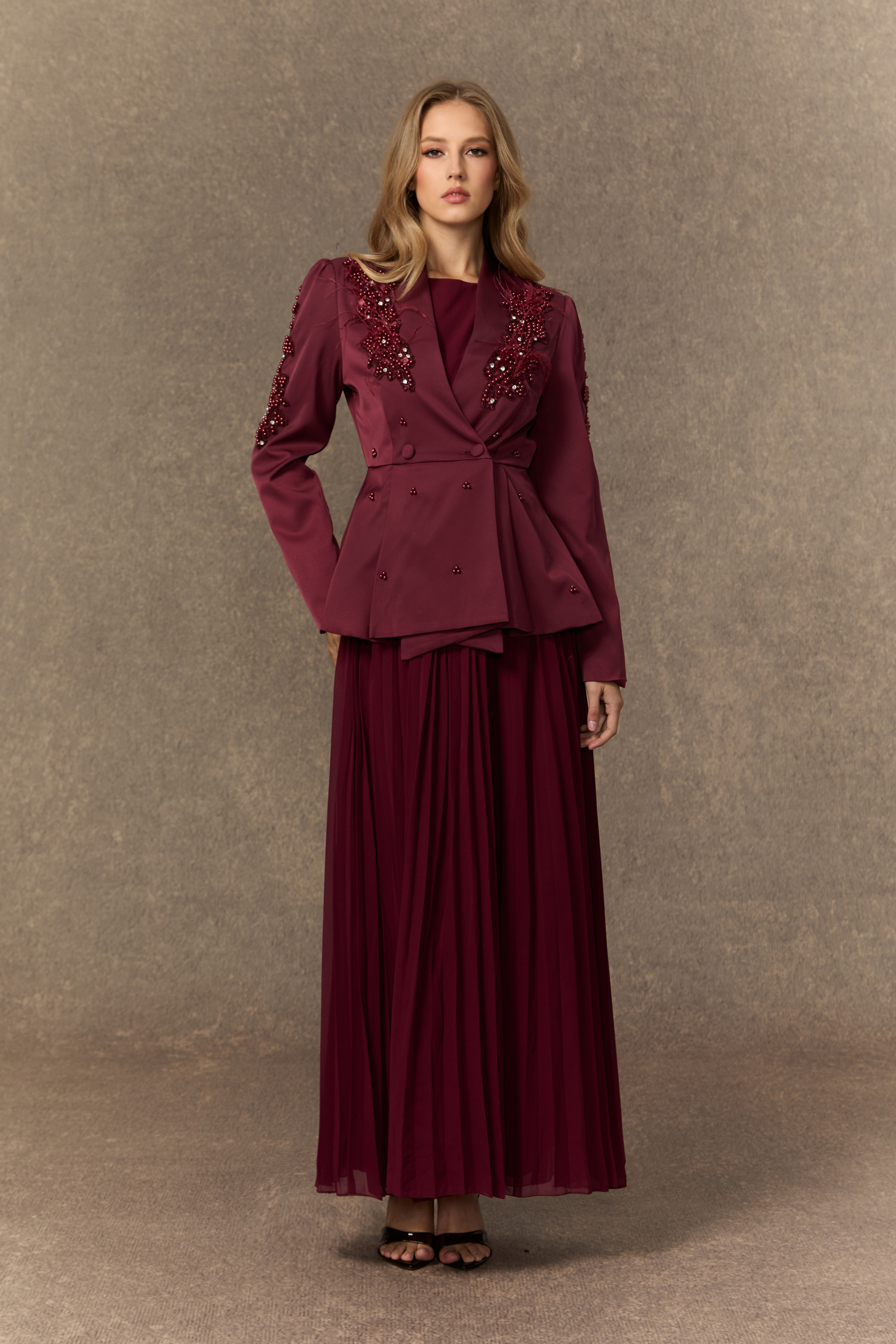 Crushing On You Beaded Double Breasted Jacket & Pleated Dress Set-purelyfable