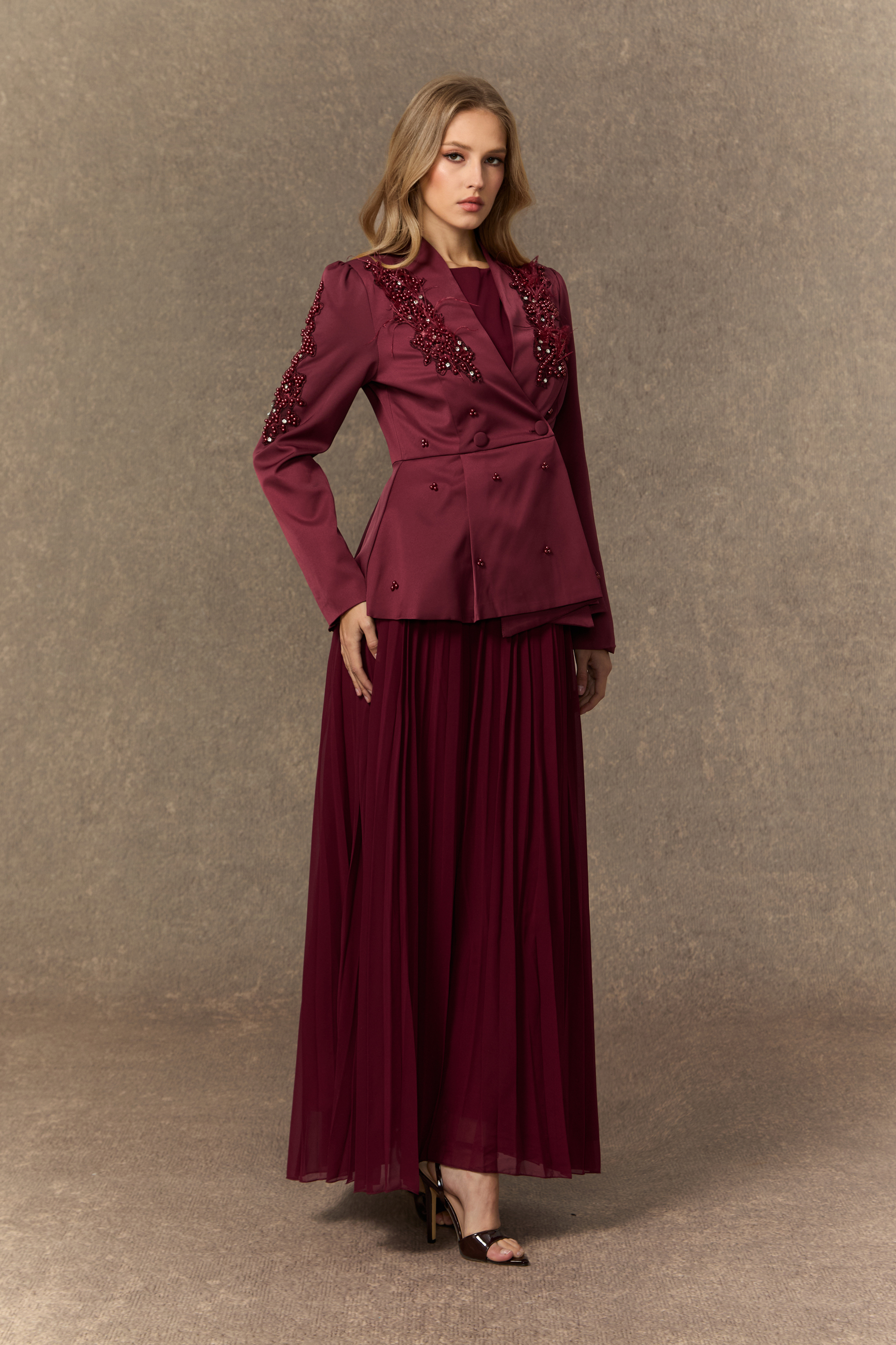 Crushing On You Beaded Double Breasted Jacket & Pleated Dress Set-purelyfable