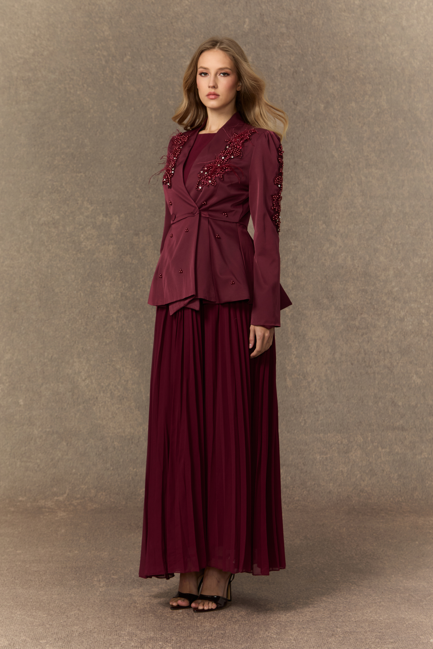 Crushing On You Beaded Double Breasted Jacket & Pleated Dress Set-purelyfable