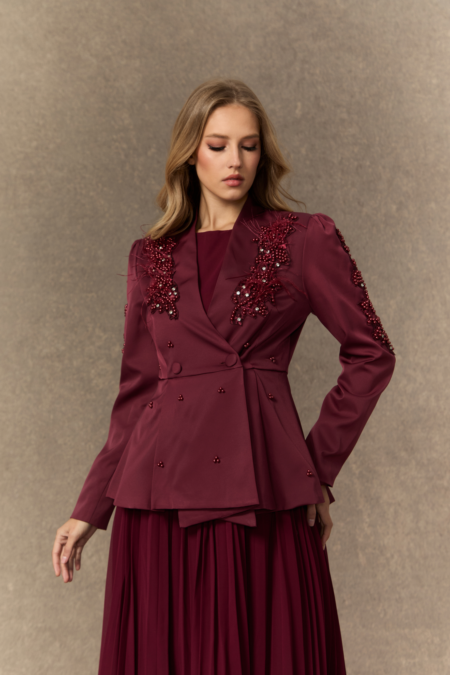 Crushing On You Beaded Double Breasted Jacket & Pleated Dress Set-purelyfable