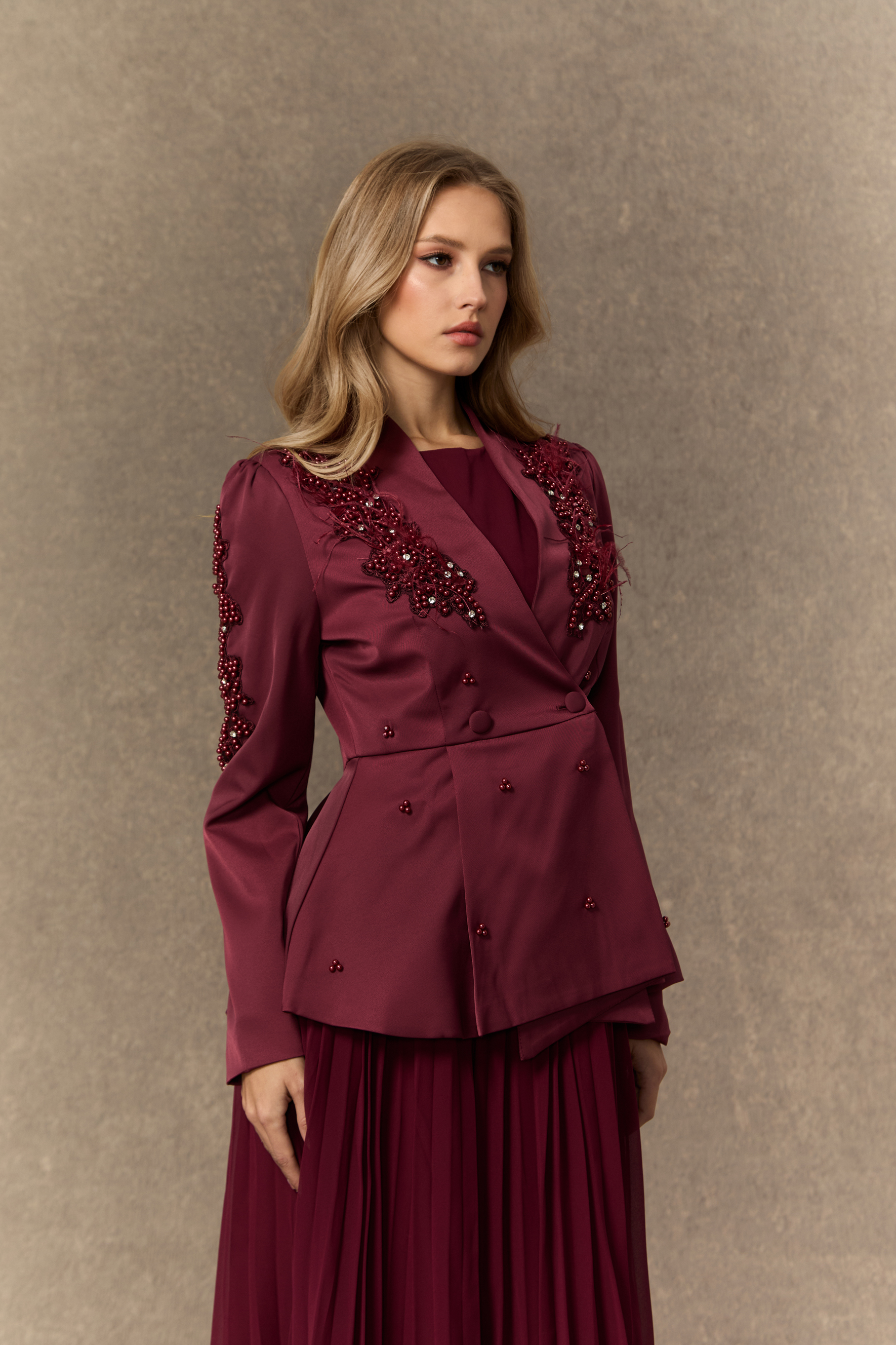 Crushing On You Beaded Double Breasted Jacket & Pleated Dress Set-purelyfable