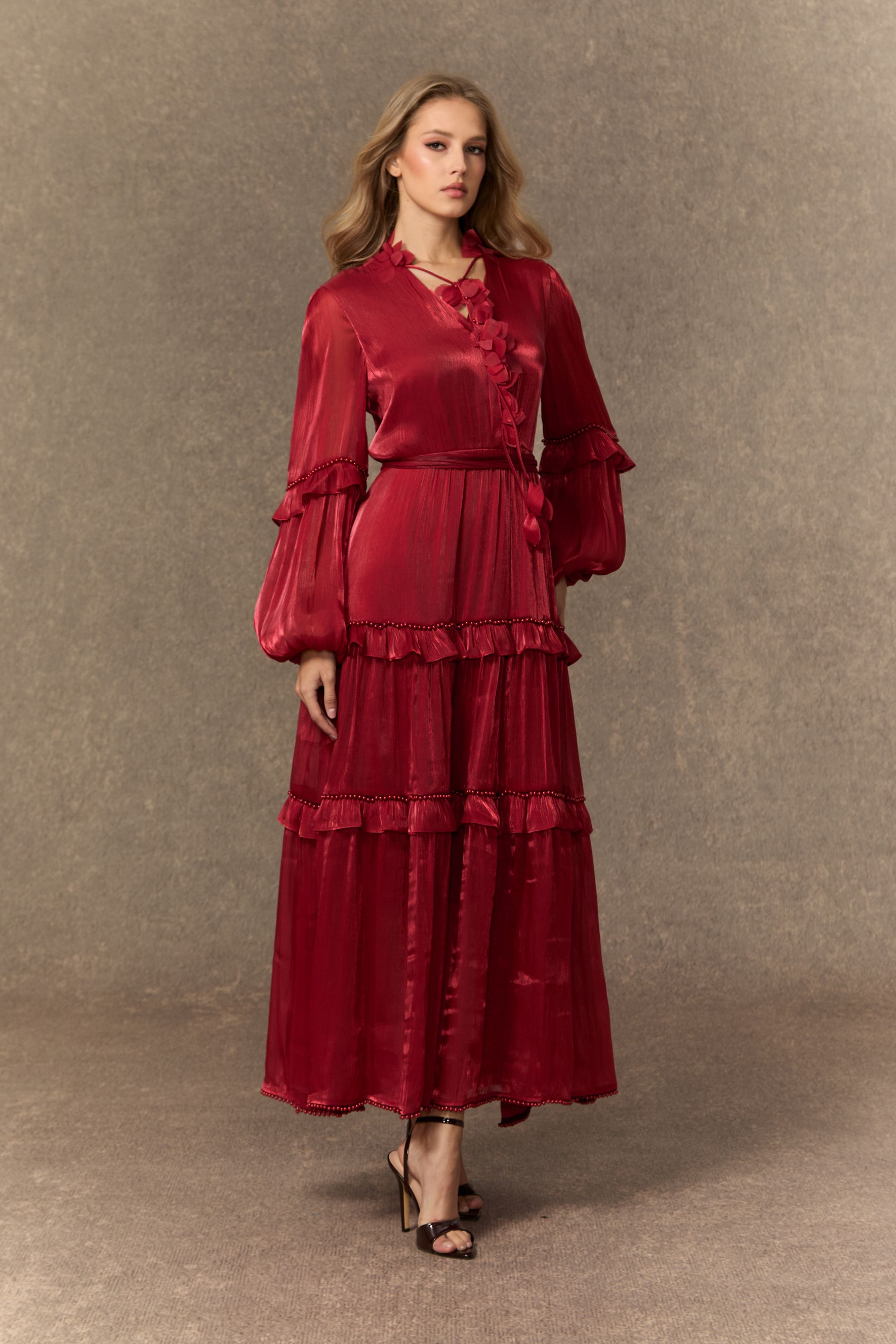 Enchant My Love Burgundy Balloon Sleeve Tiered Ruffle Maxi Dress-purelyfable