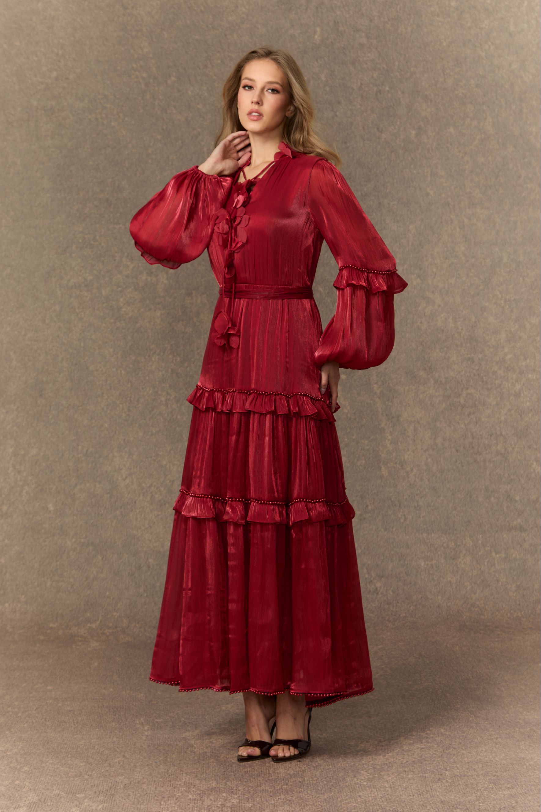 Enchant My Love Burgundy Balloon Sleeve Tiered Ruffle Maxi Dress-purelyfable