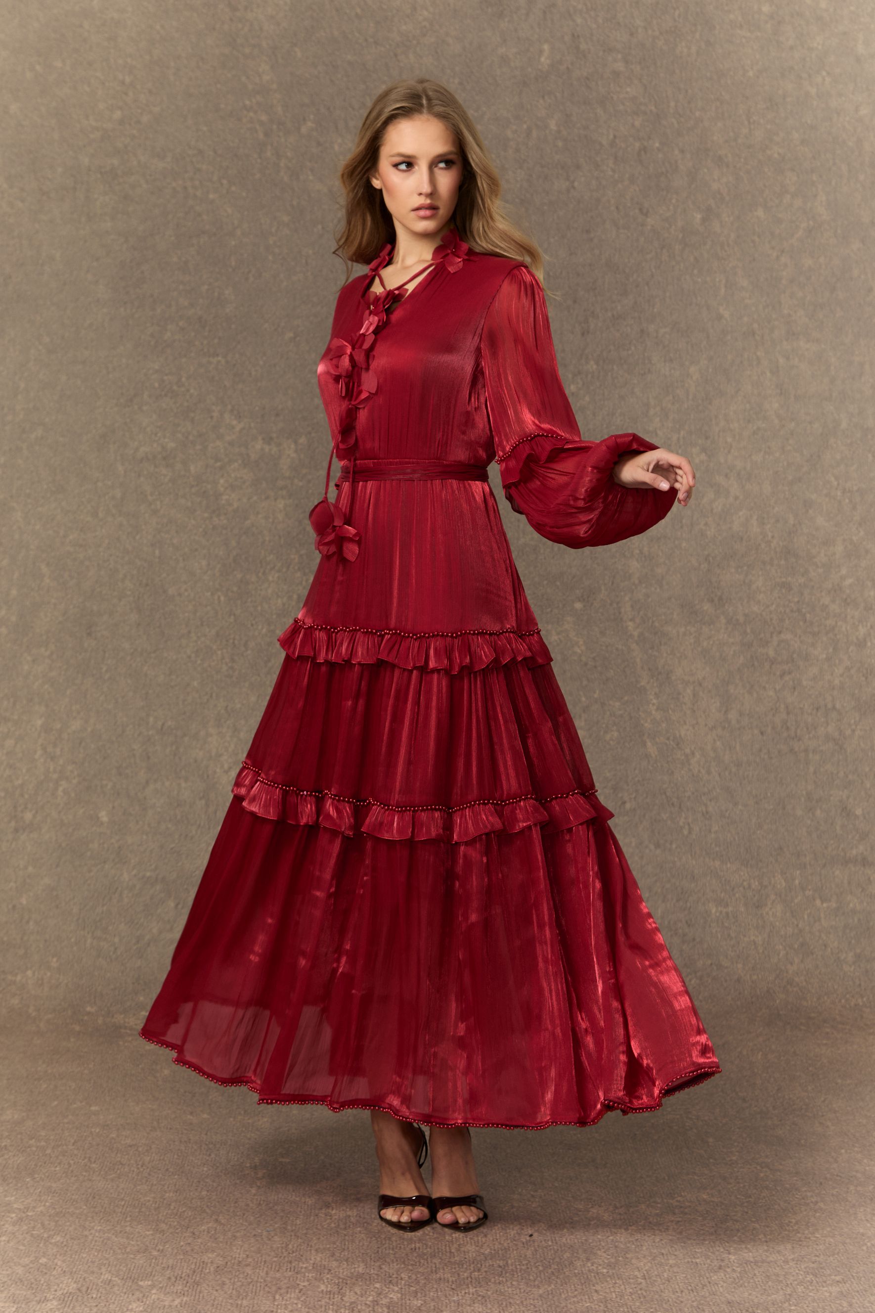 Enchant My Love Burgundy Balloon Sleeve Tiered Ruffle Maxi Dress-purelyfable