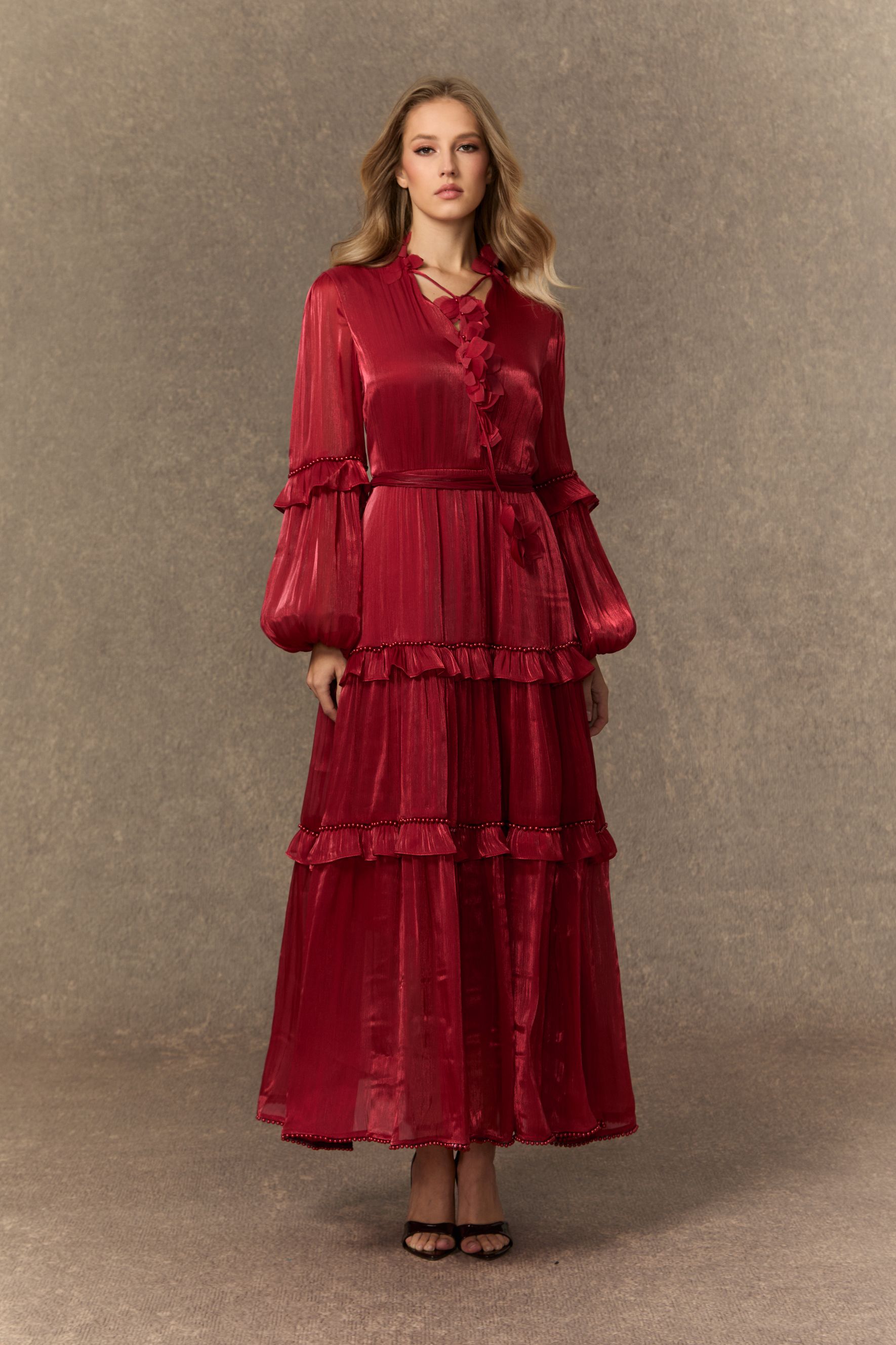 Enchant My Love Burgundy Balloon Sleeve Tiered Ruffle Maxi Dress-purelyfable