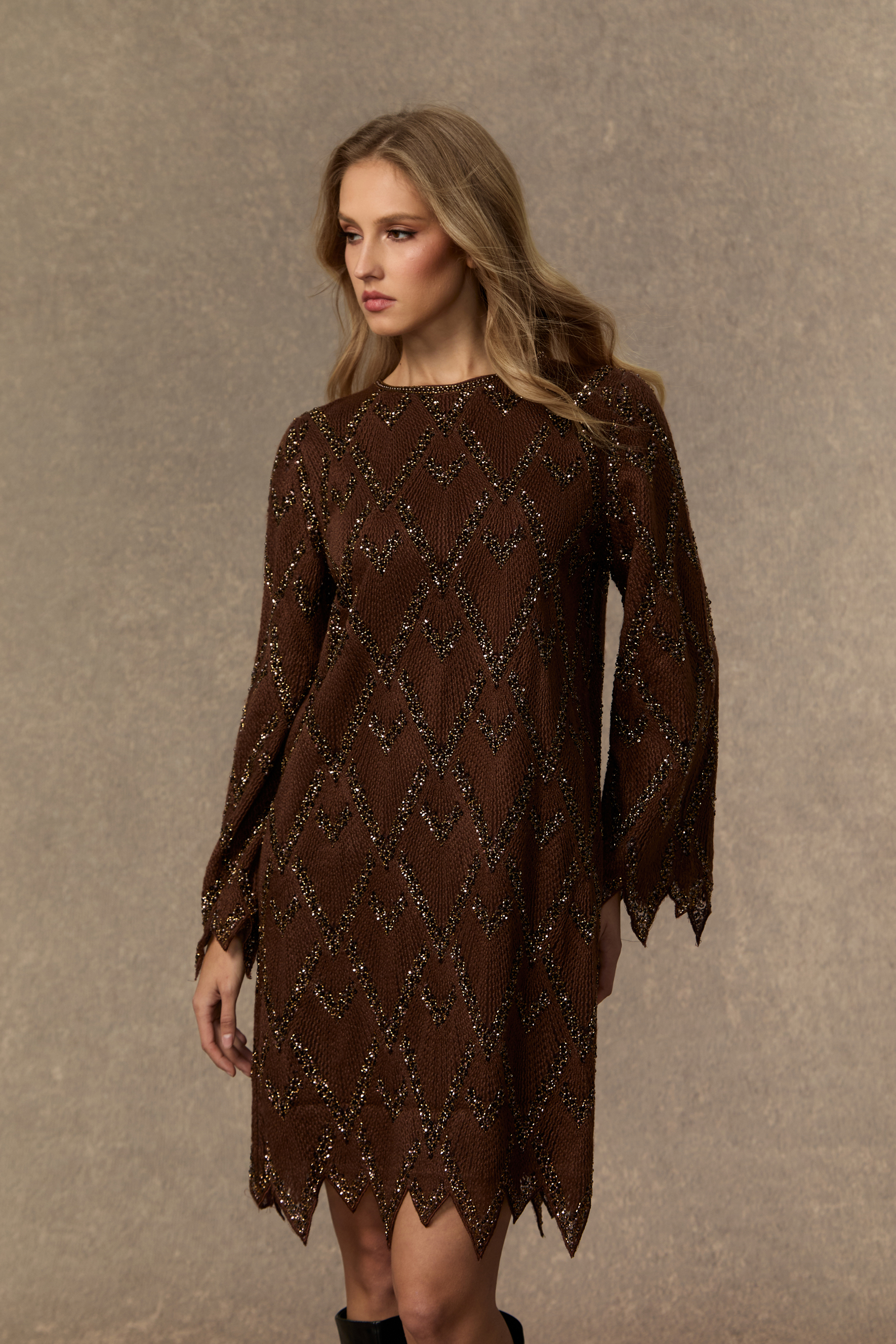 Warm Emotions Brown Sequin Checked Midi Dress-purelyfable