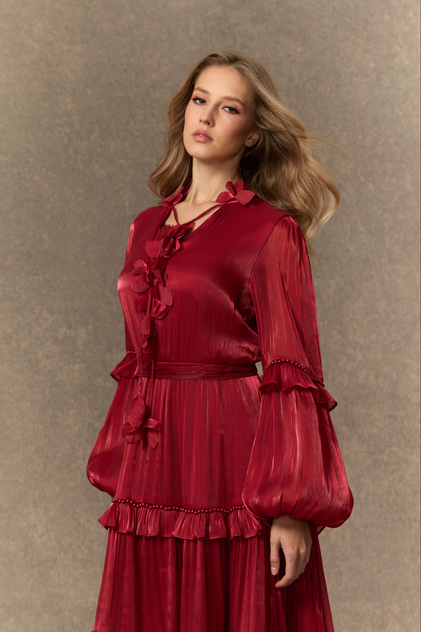 Enchant My Love Burgundy Balloon Sleeve Tiered Ruffle Maxi Dress-purelyfable