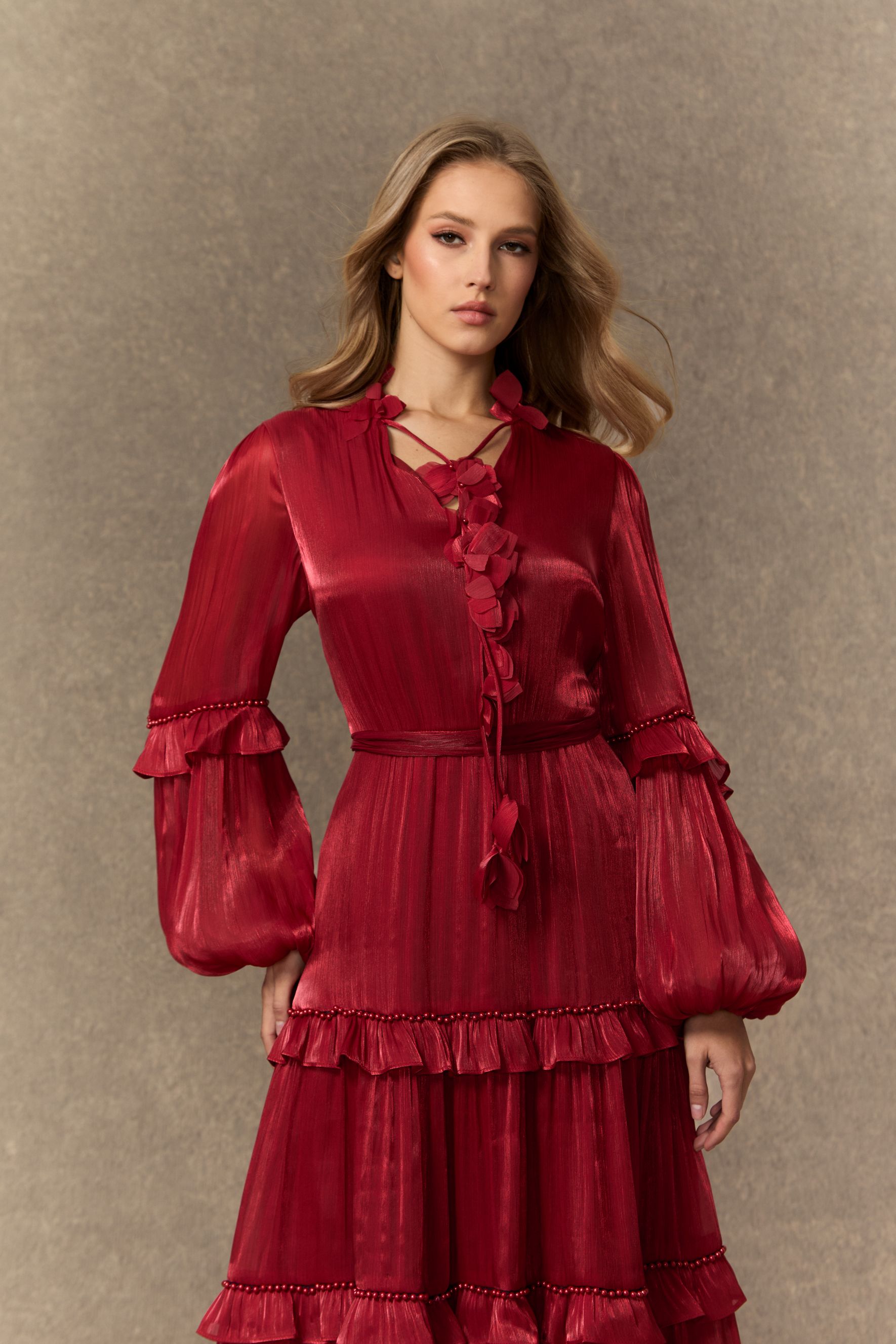 Enchant My Love Burgundy Balloon Sleeve Tiered Ruffle Maxi Dress-purelyfable