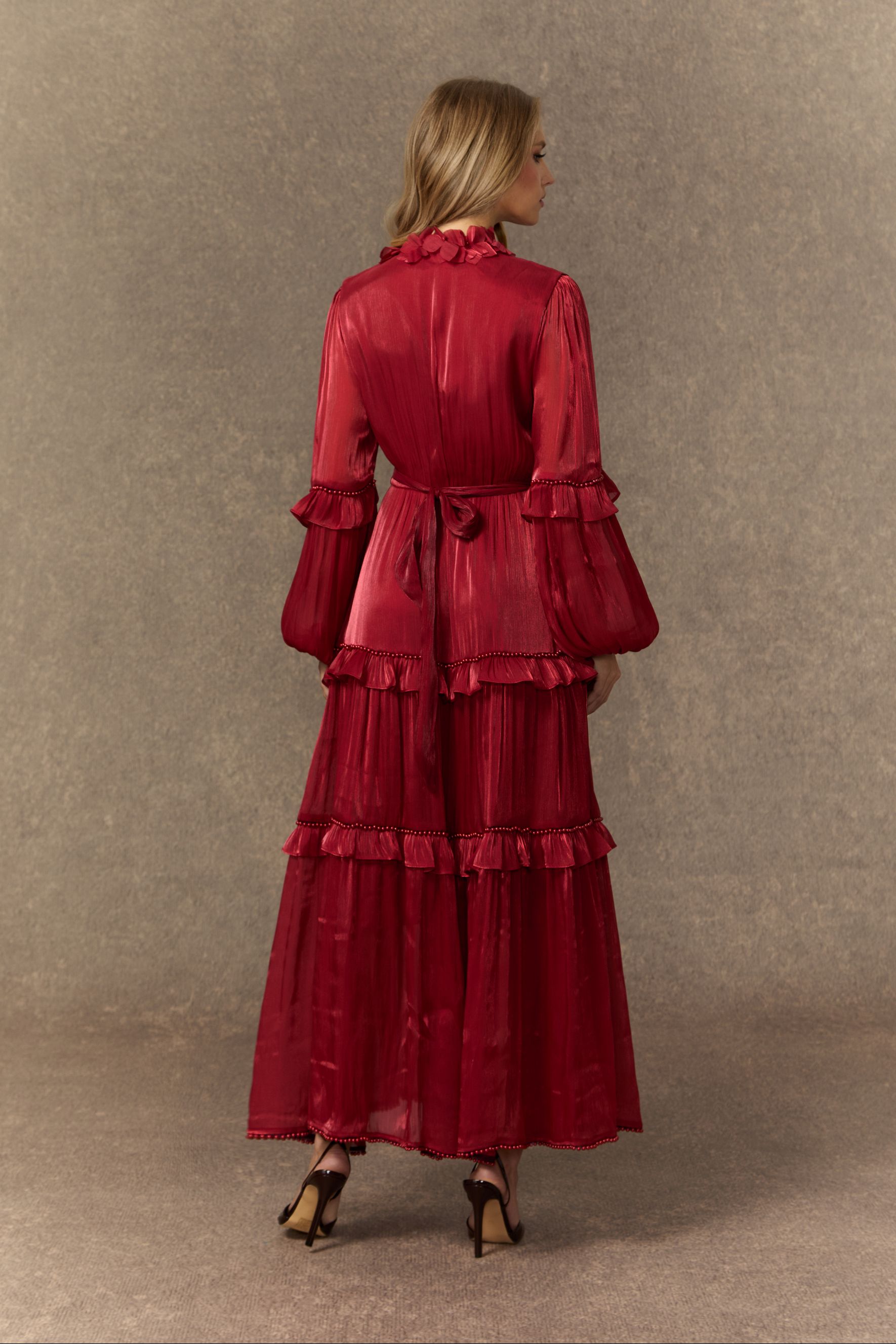 Enchant My Love Burgundy Balloon Sleeve Tiered Ruffle Maxi Dress-purelyfable