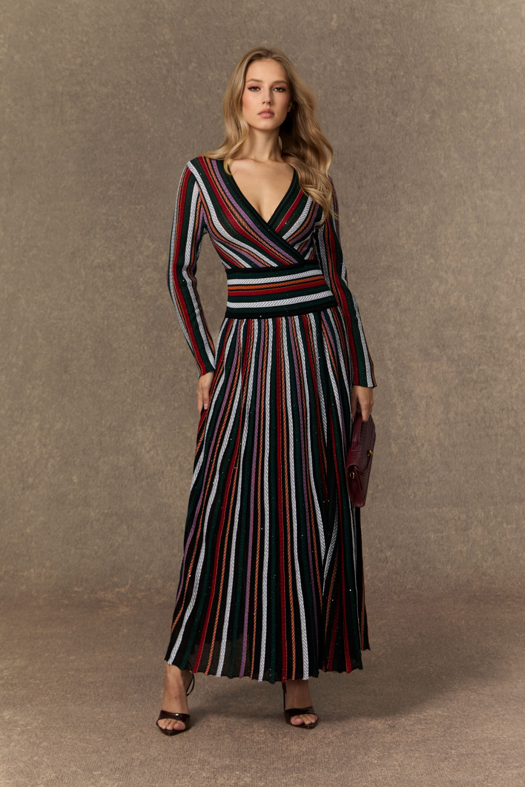 Cozy Outlook Multicolor Striped VâNeck Knit Maxi Dress-purelyfable