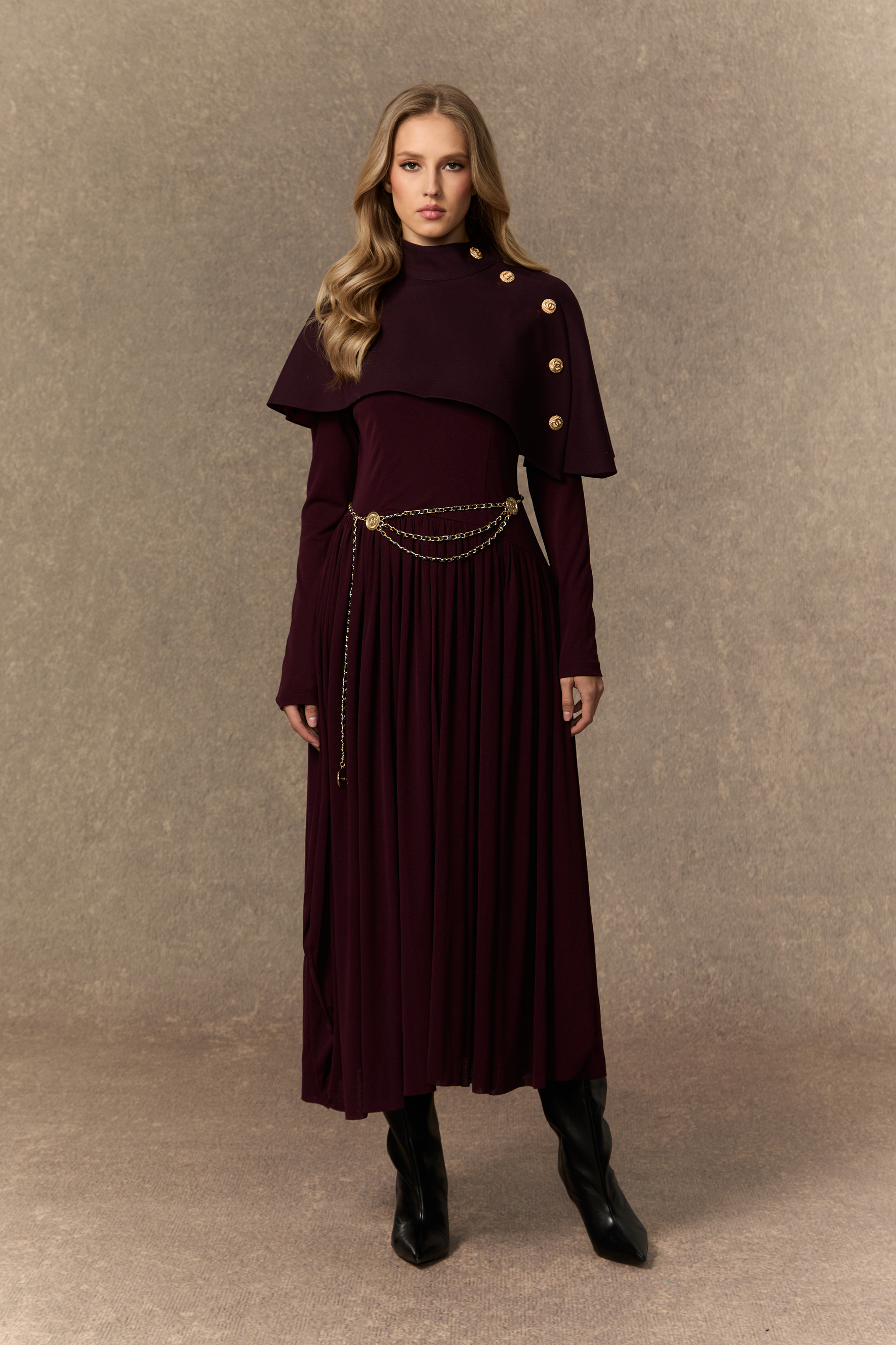 Majestic Attitude Purple Buttoned Cape & Pleated Knit Dress Set-purelyfable