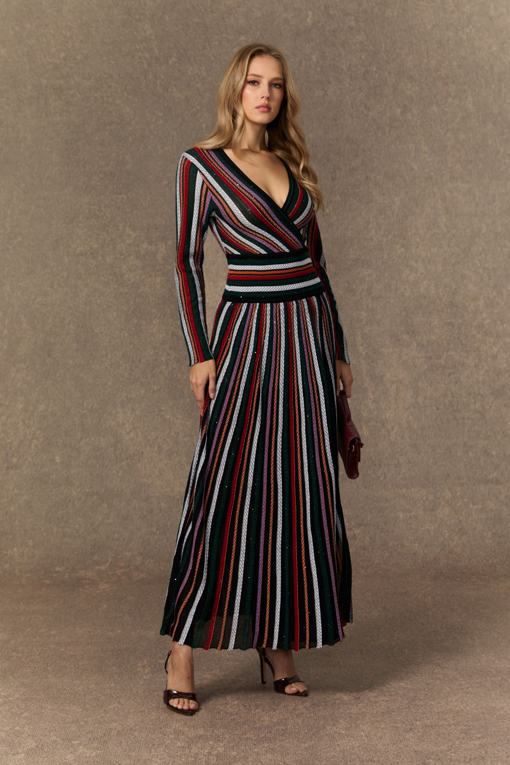 Cozy Outlook Multicolor Striped VâNeck Knit Maxi Dress-purelyfable