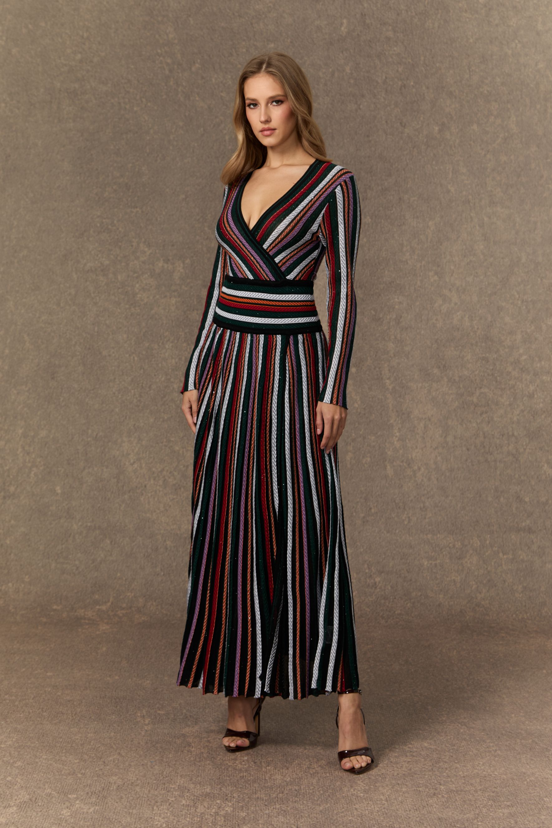 Cozy Outlook Multicolor Striped VâNeck Knit Maxi Dress-purelyfable
