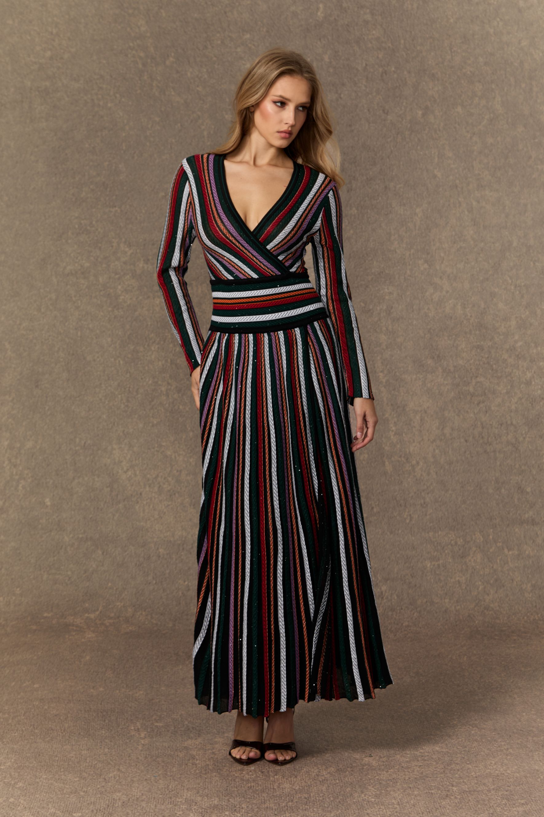 Cozy Outlook Multicolor Striped VâNeck Knit Maxi Dress-purelyfable