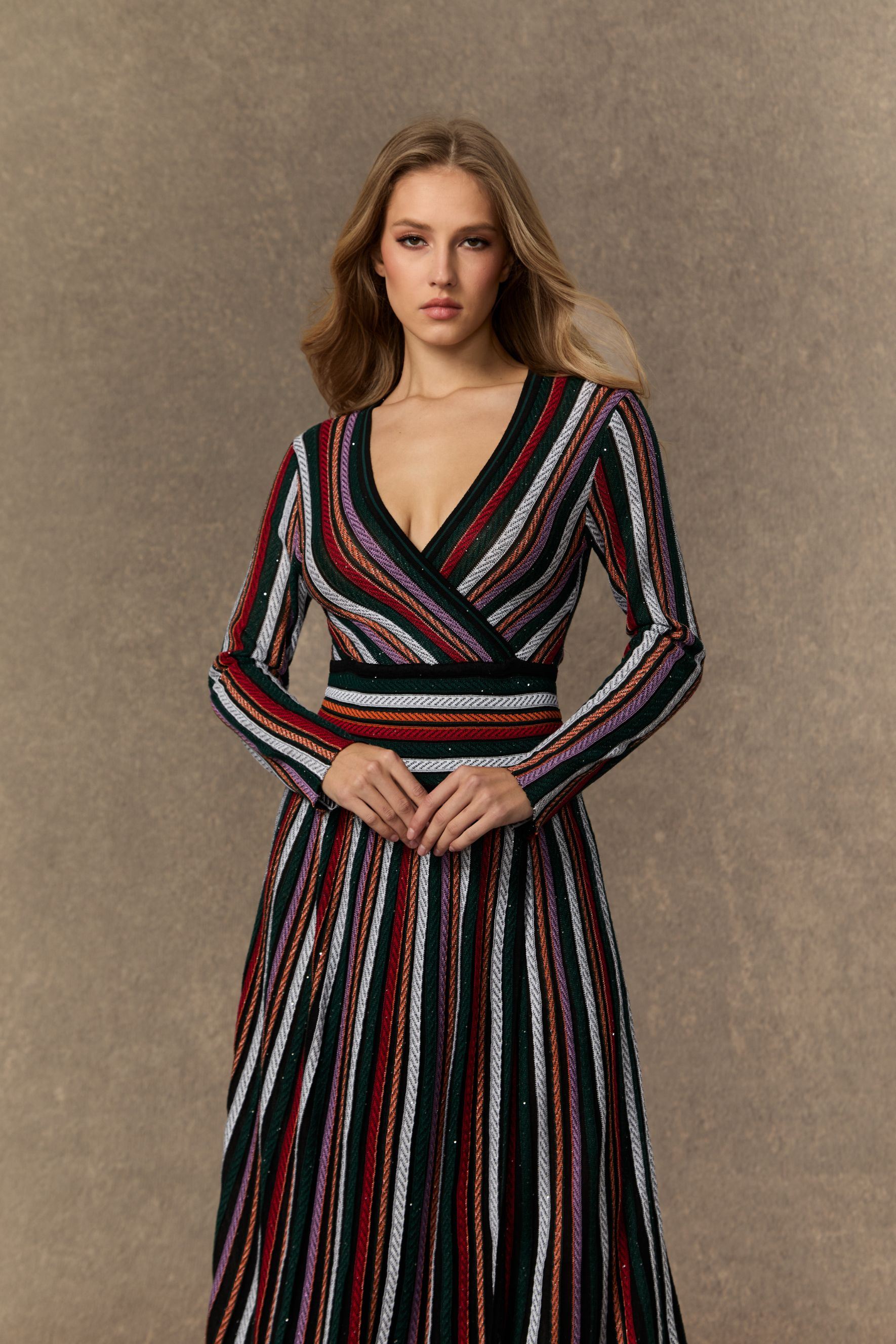 Cozy Outlook Multicolor Striped VâNeck Knit Maxi Dress-purelyfable