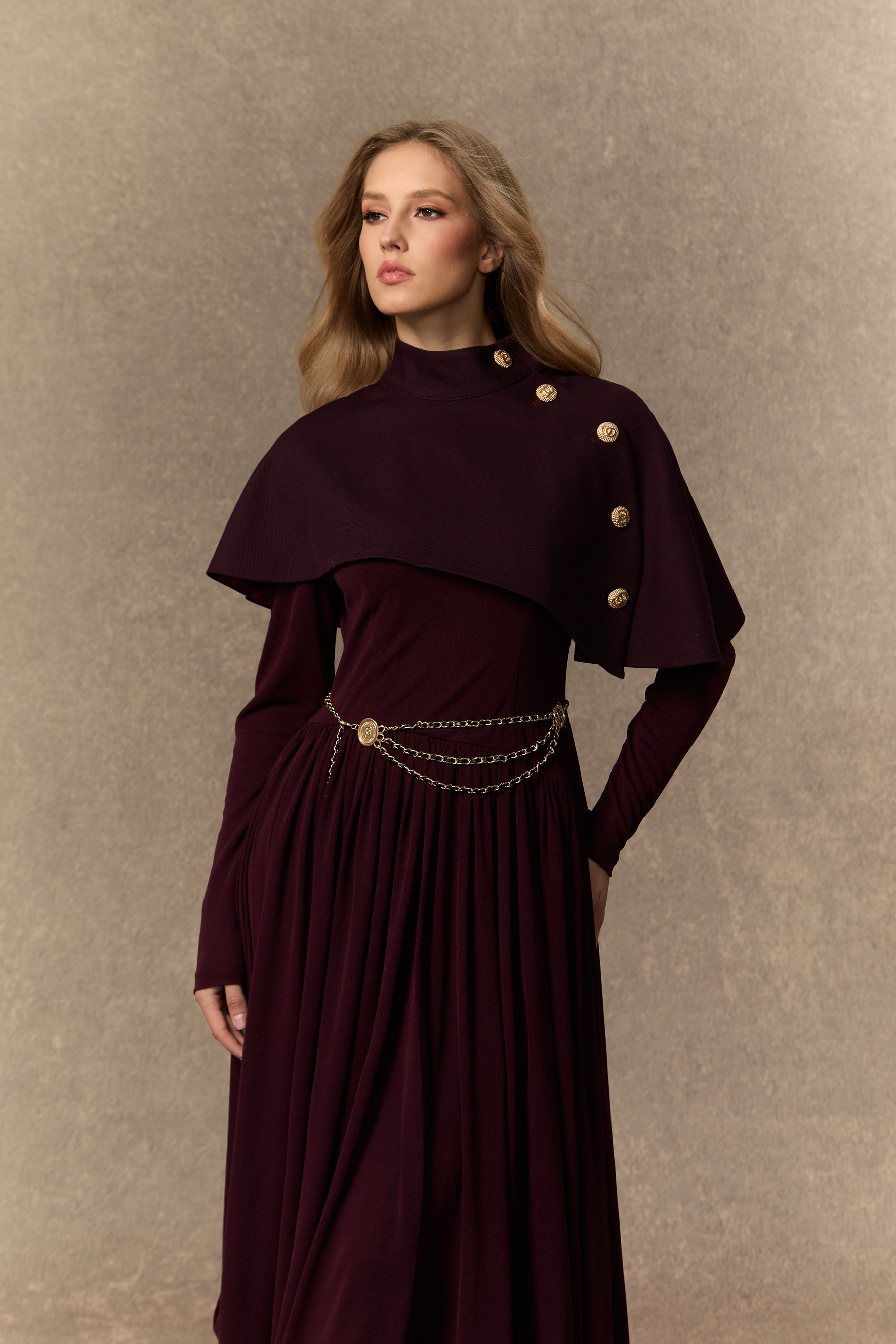Majestic Attitude Purple Buttoned Cape & Pleated Knit Dress Set-purelyfable