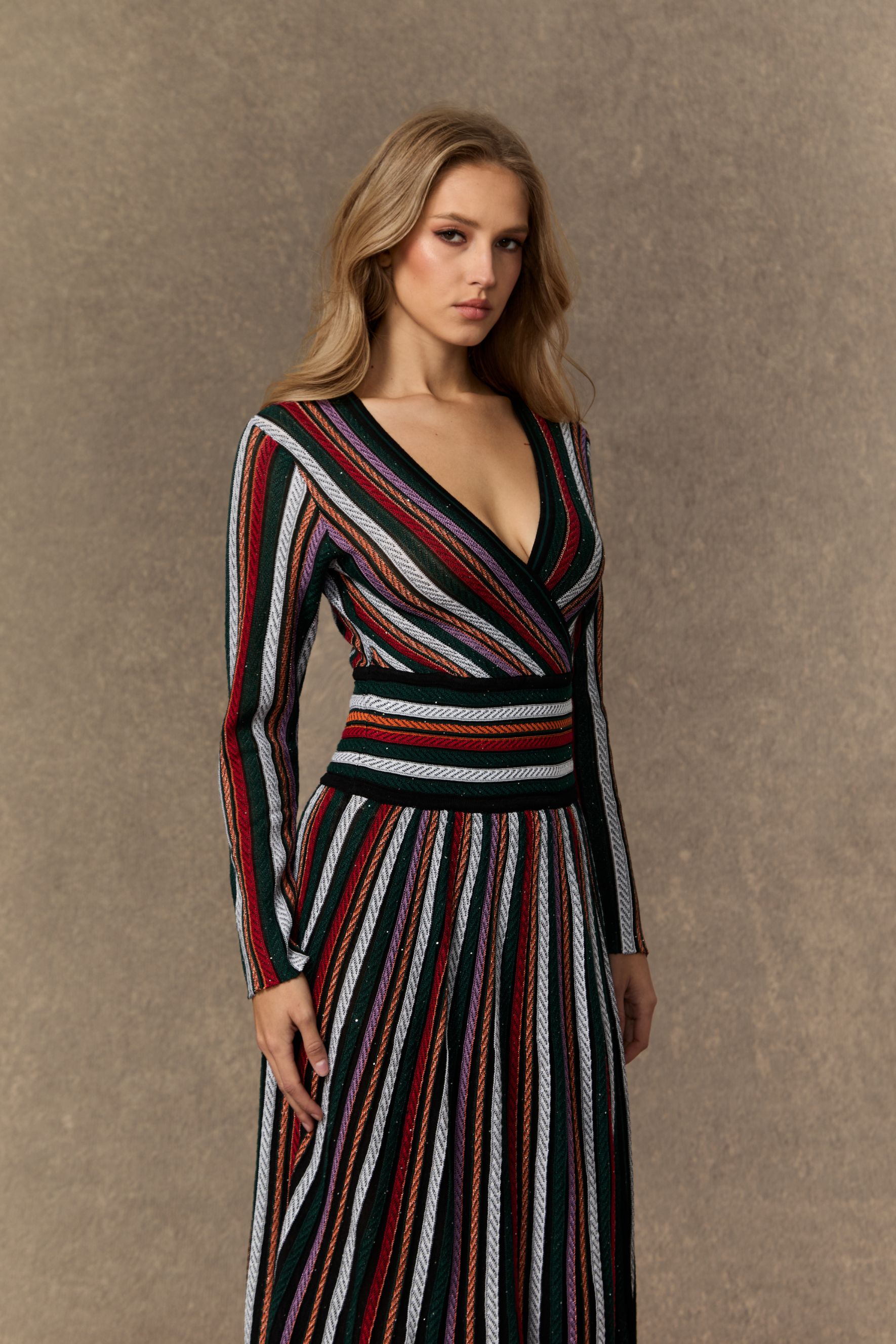 Cozy Outlook Multicolor Striped VâNeck Knit Maxi Dress-purelyfable