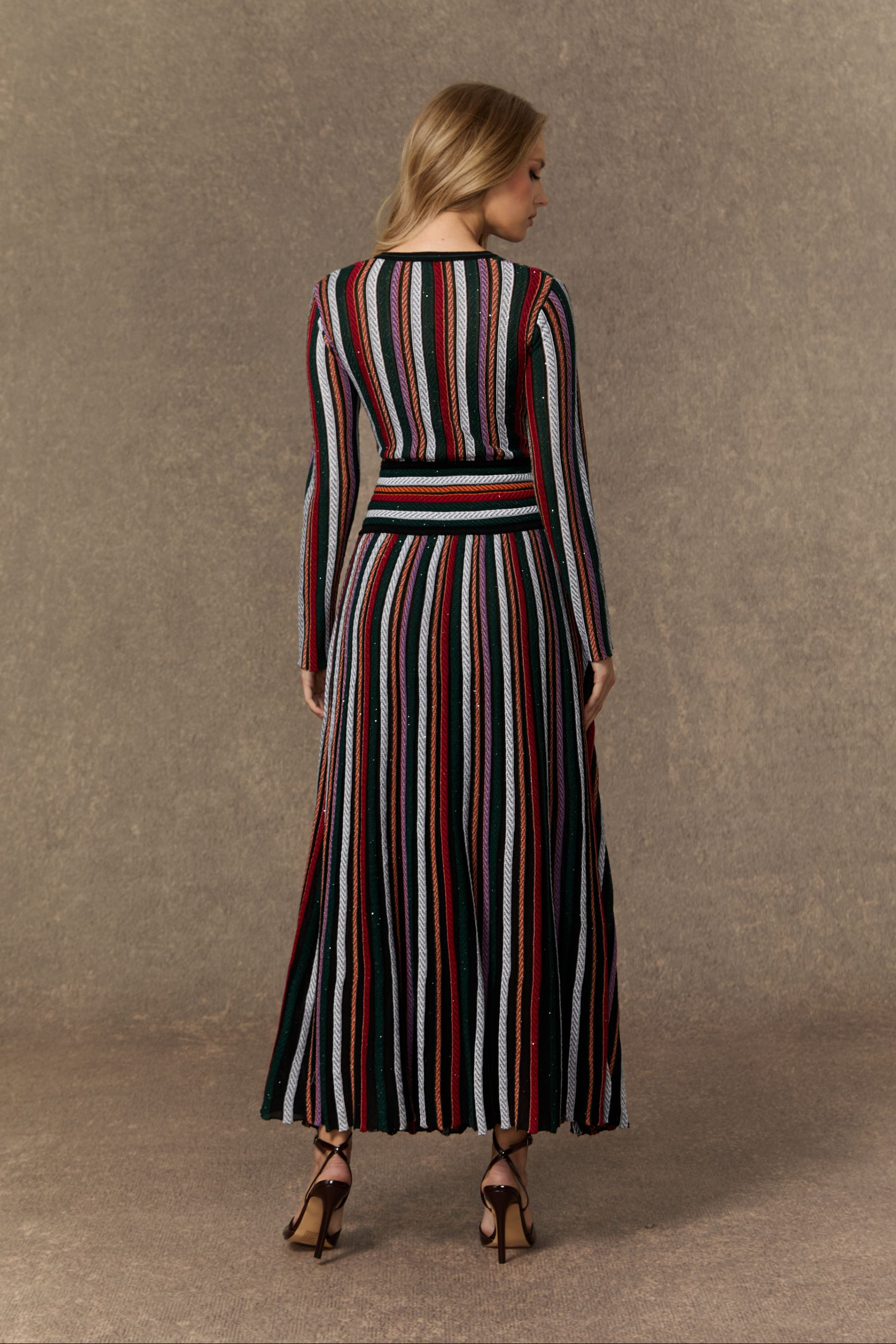 Cozy Outlook Multicolor Striped VâNeck Knit Maxi Dress-purelyfable