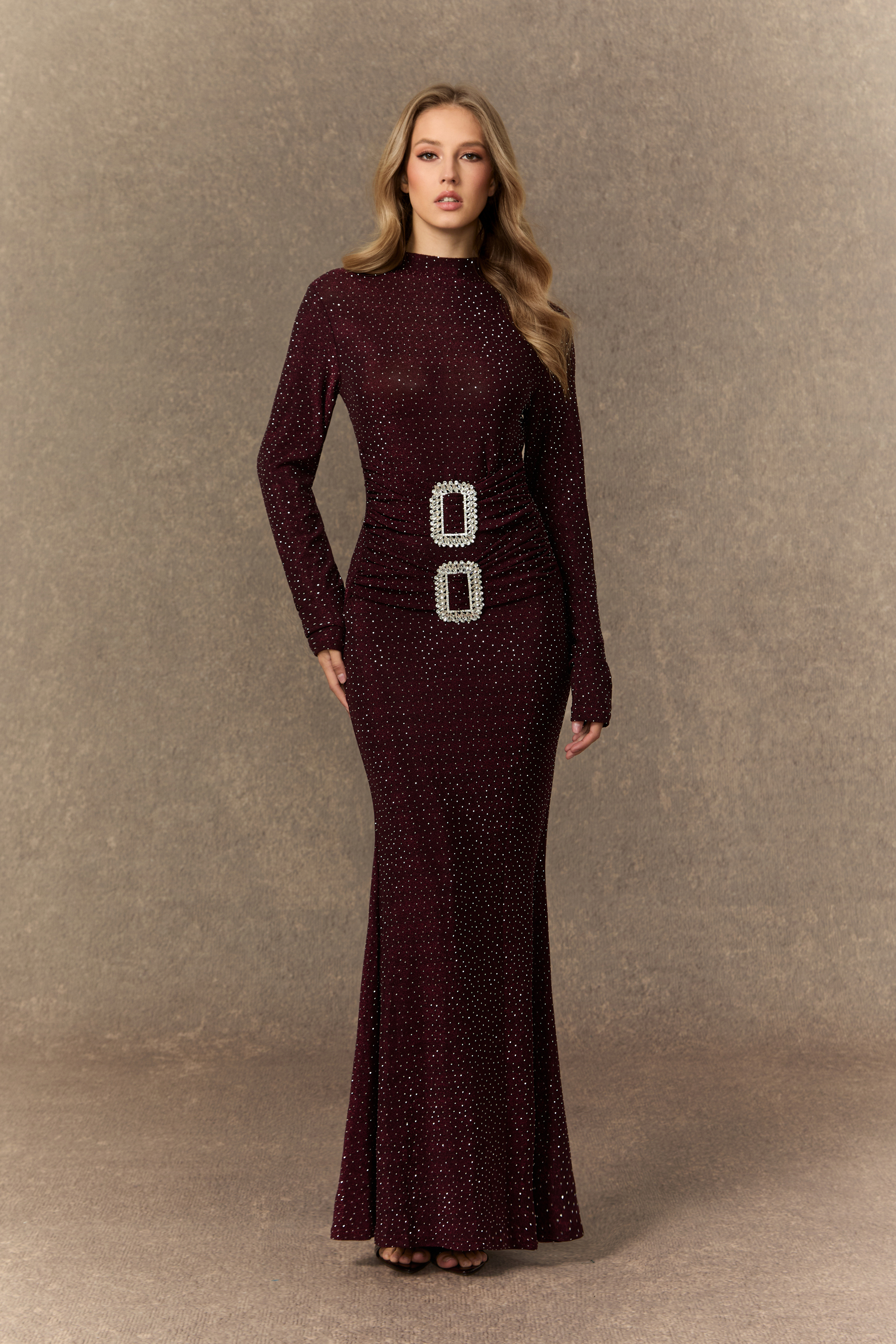 Forever Sensational Burgundy Crystal Buckle Maxi Dress-purelyfable