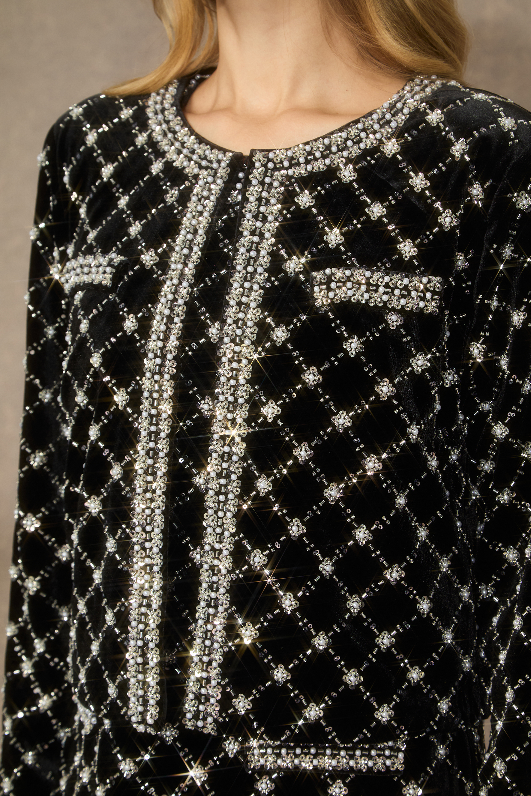 Graceful Finesse Black Beaded Embellished Grid Jacket-purelyfable